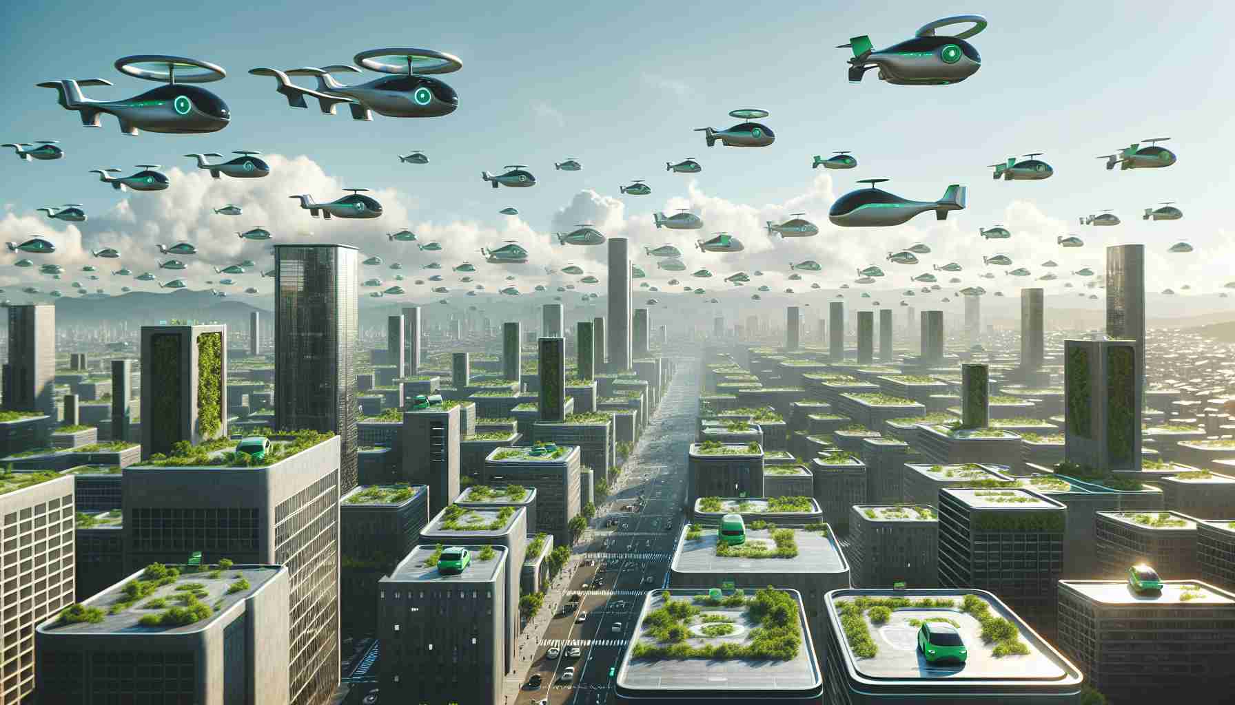 Create a realistic HD image of a futuristic urban landscape, where the primary mode of transportation is environmentally friendly air taxis. The sky should be filled with these green-energy vehicles, varying in design and color, indicating the diversity of the taxi companies. The buildings are modern and tall, with designated landing zones on the rooftops. The atmosphere is clean and pollution-free, and you can see greenery adorning the city skyline.