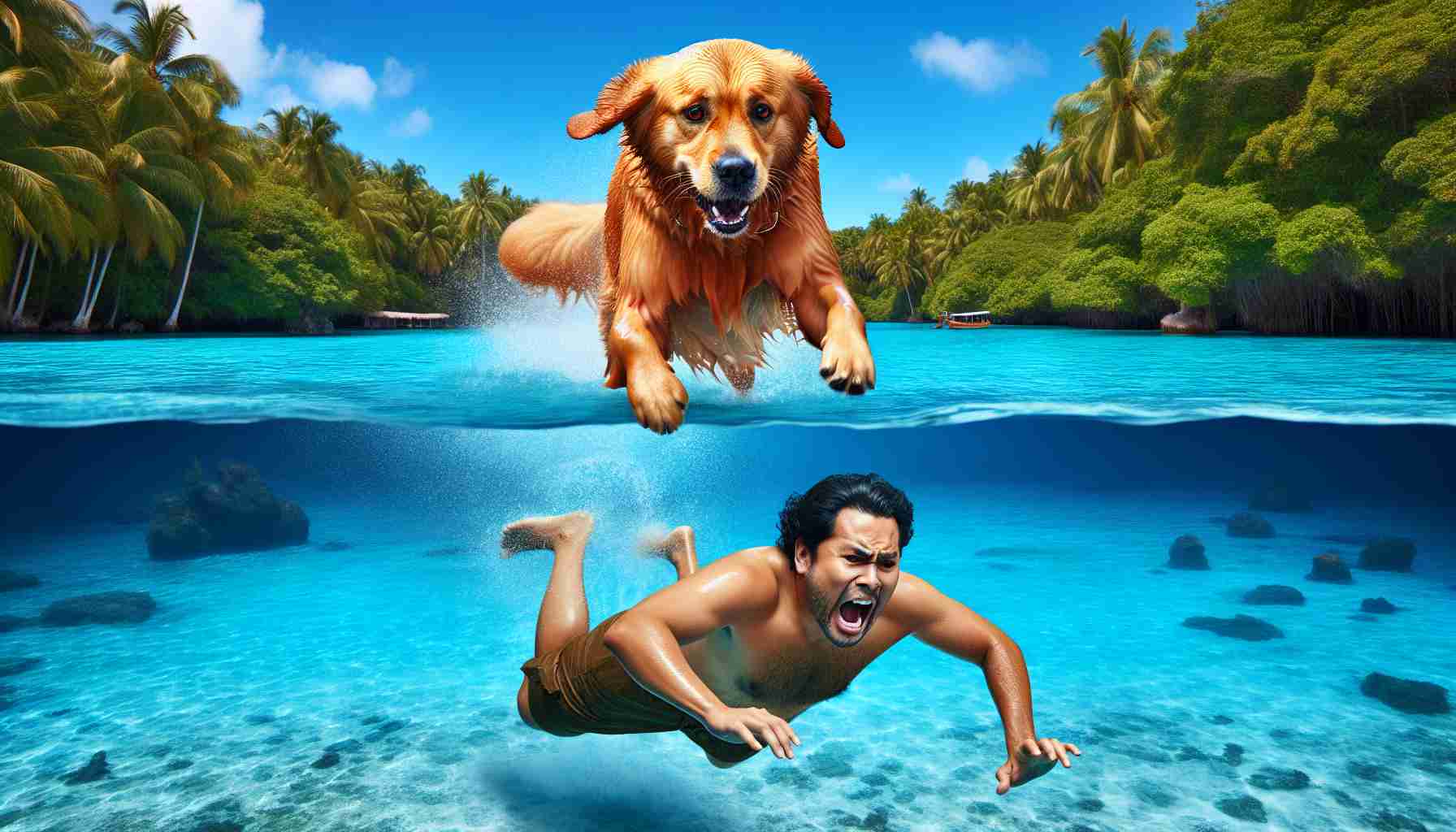 Realistic high-definition photo of a courageous Golden Retriever dog leaping into a crystal-clear lagoon towards a flailing male individual of Hispanic descent. The man is struggling to stay afloat amidst the deep azure waters of the lagoon, his face is painted with fear and surprise. The dog, mid-jump, is tenaciously focused on his owner, with his strong body, tail, and legs fully extended, and a resilient determination in his bright, sharp eyes. The background comprises of lush green palm trees nestling the lagoon and a clear, permeating blue sky.