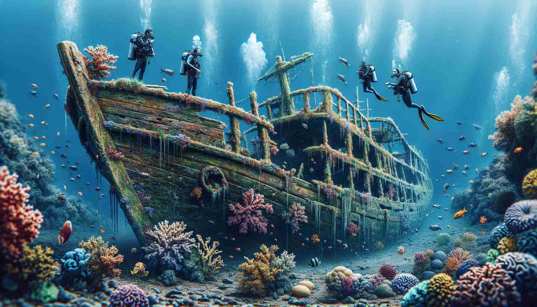 Imagine a scene depicting an unexpected discovery, where an old shipwreck is found during an underwater exploration near the coast of Kauai. The image should portray the remnants of a vessel that would have sailed centuries ago, overgrown with marine life. The explorers, a mix of South Asian womxn and Middle Eastern men, donned in scuba gear, marvel at this ancient relic. Details such as the texture of the aged wood of the ship, the abundant, colourful coral formations clinging to it, the variety of fish swimming around, and the bubbles from the explorers' breathing apparatus should be included to portray a realistic HD image.