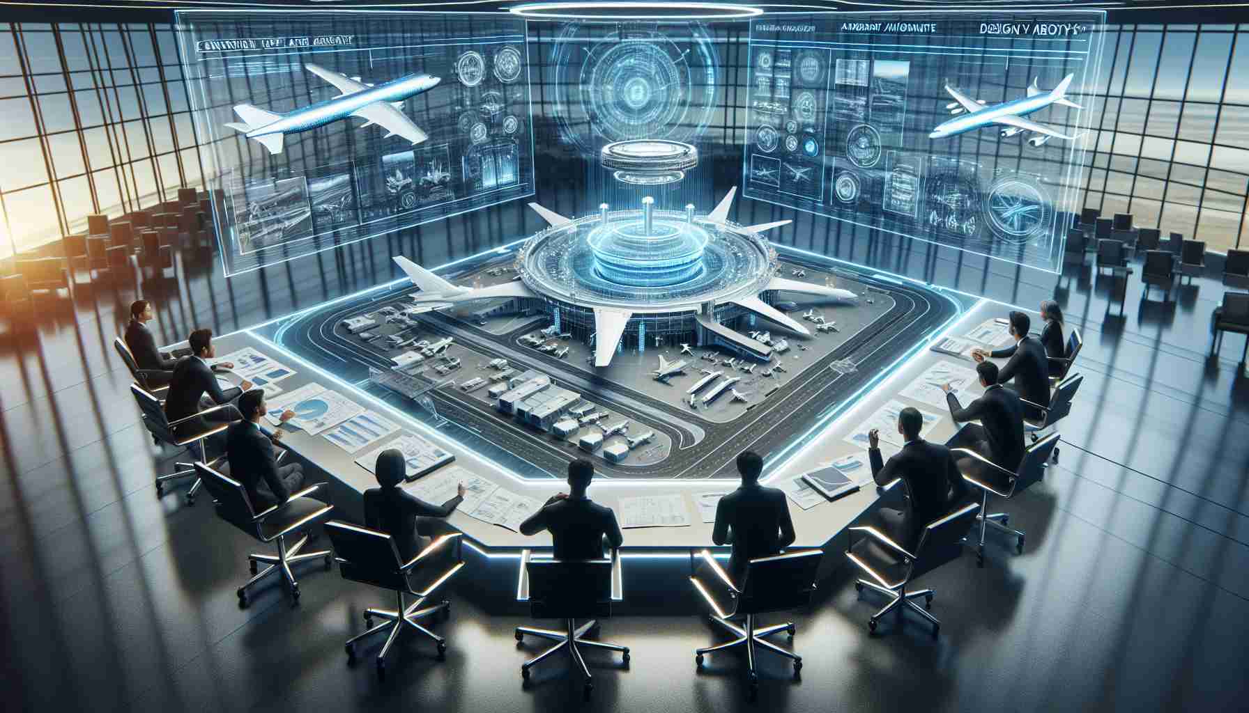 Create a highly detailed, realistic image of an aviation company's announcement about their plans for a cutting-edge, state-of-the-art facility. The scene should include a large, futuristic design model of the facility displayed on a table in the center, with modern aviation blueprints and plans scattered around. Some executives and engineers, comprising of diverse races and genders, are discussing passionately about these plans. The environment around them should seem high-tech, with interactive holographic displays and sleek, streamlined office furniture.