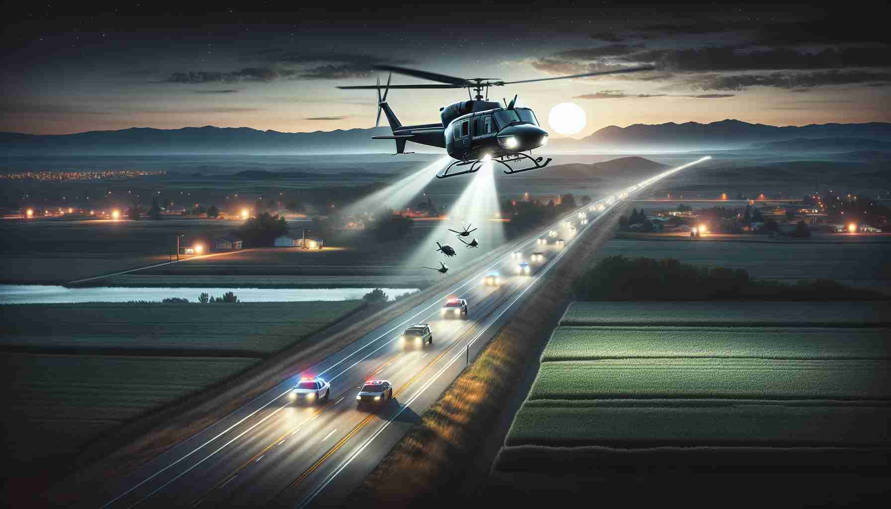 Generate an image exhibiting a high-definition, realistic scenario of a police helicopter tracking down a stolen vehicle during a pursuit that covers three diverse counties. The scene should capture the intensity of the pursuit, highlighting the helicopter in the sky with its spotlights focused on the moving vehicle on roads below, and the surrounding county landscapes transitioning in the background as the chase progresses.