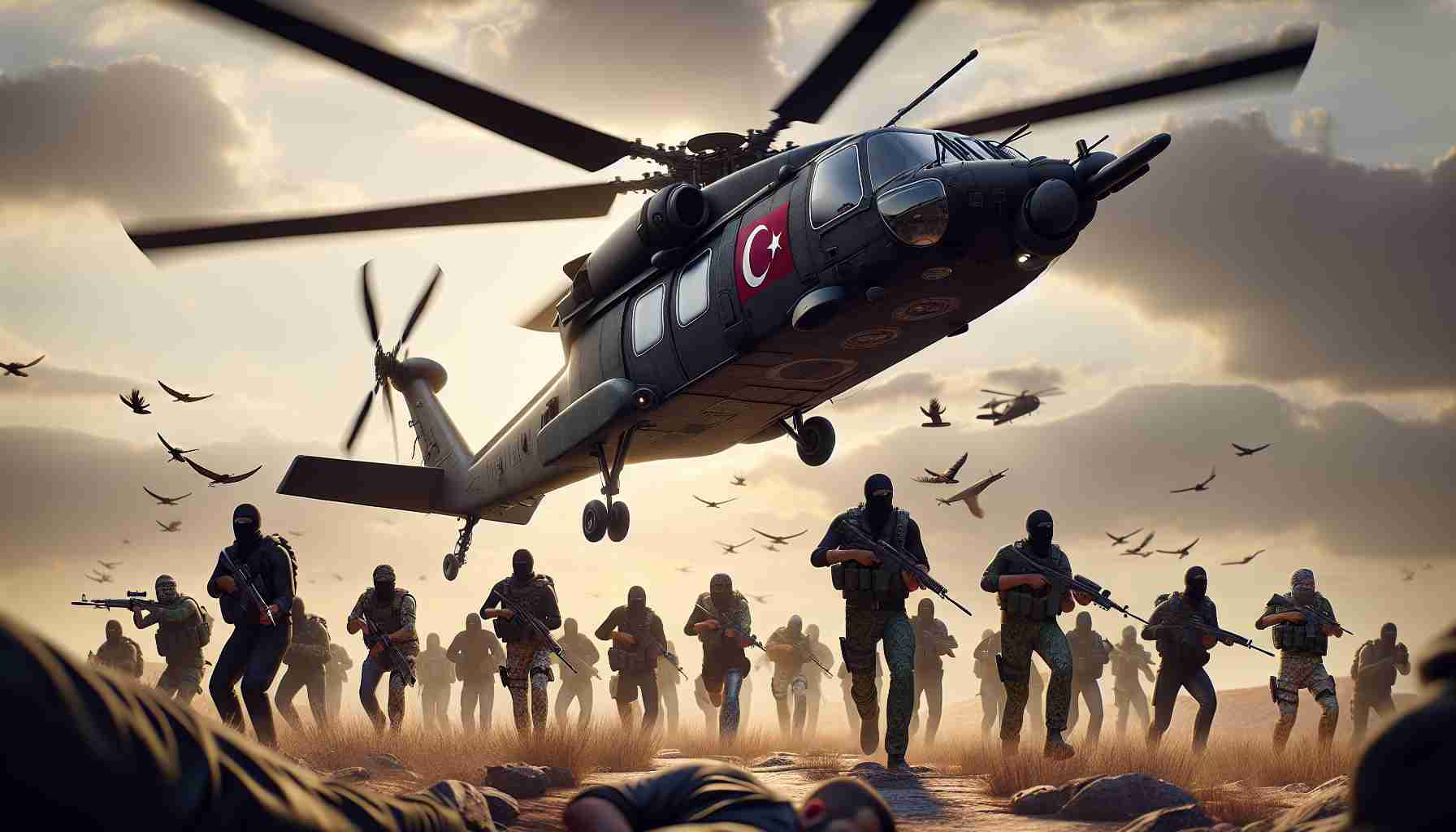 A high-definition, realistic depiction of a modern helicopter bearing the emblem of Turkey being forced to retreat. It is faced by anti-occupation forces who are bravely standing their ground. The forces are represented as a diverse group of men and women, covering a mixture of descents like Caucasian, Hispanic, Black, Middle-Eastern, South Asian. The sky is filled with tension, and the environment around speaks volumes about the seriousness of the conflict.