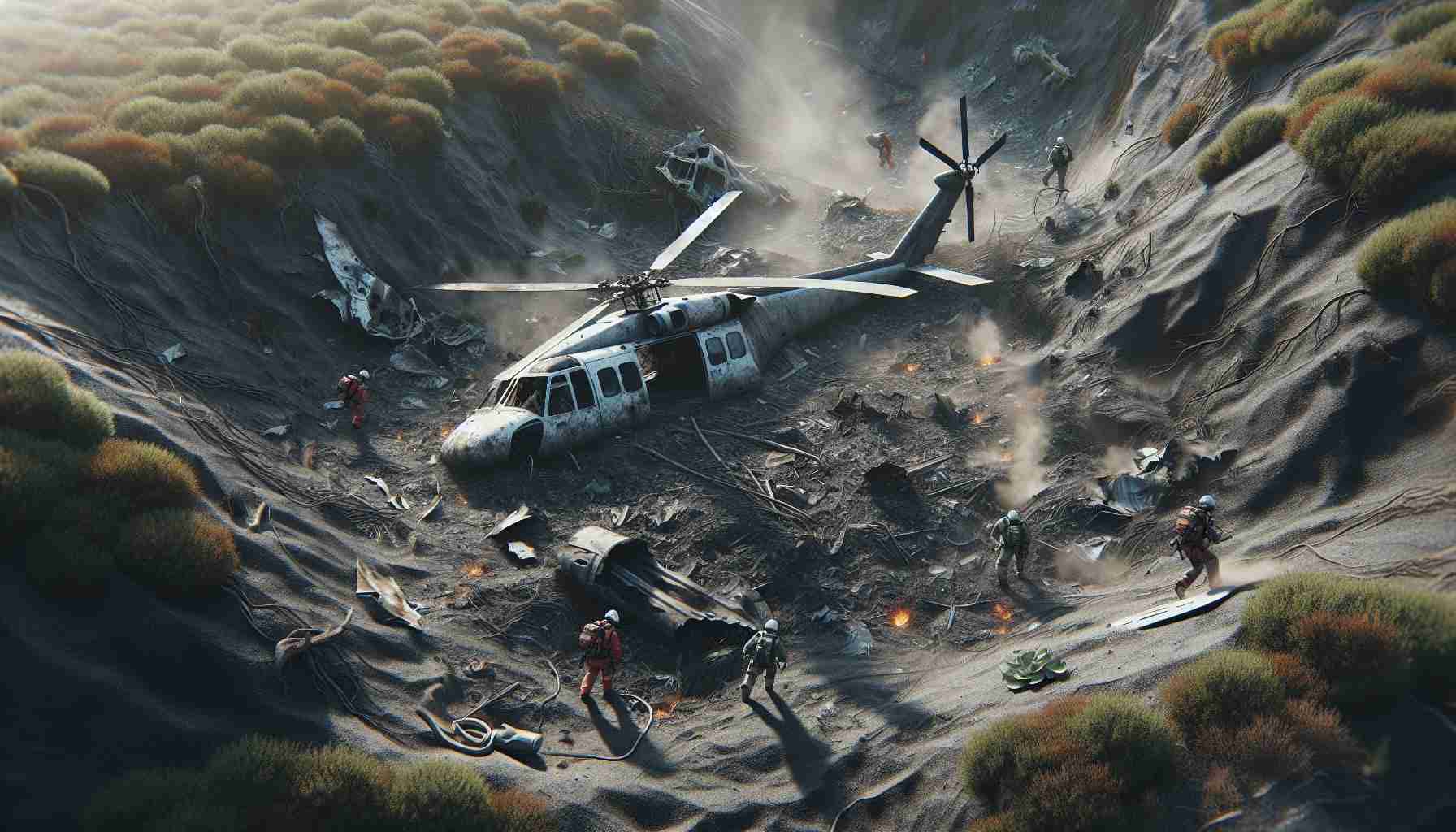 High-definition imaginary rendering of a realistic helicopter crash aftermath in a rugged terrain. The scene includes search and rescue teams diligently exploring the crash site, however, signs of the missing pair they are looking for can't be found. Patches of burned ground, wrecked metal pieces, and debris are scattered around in the area.