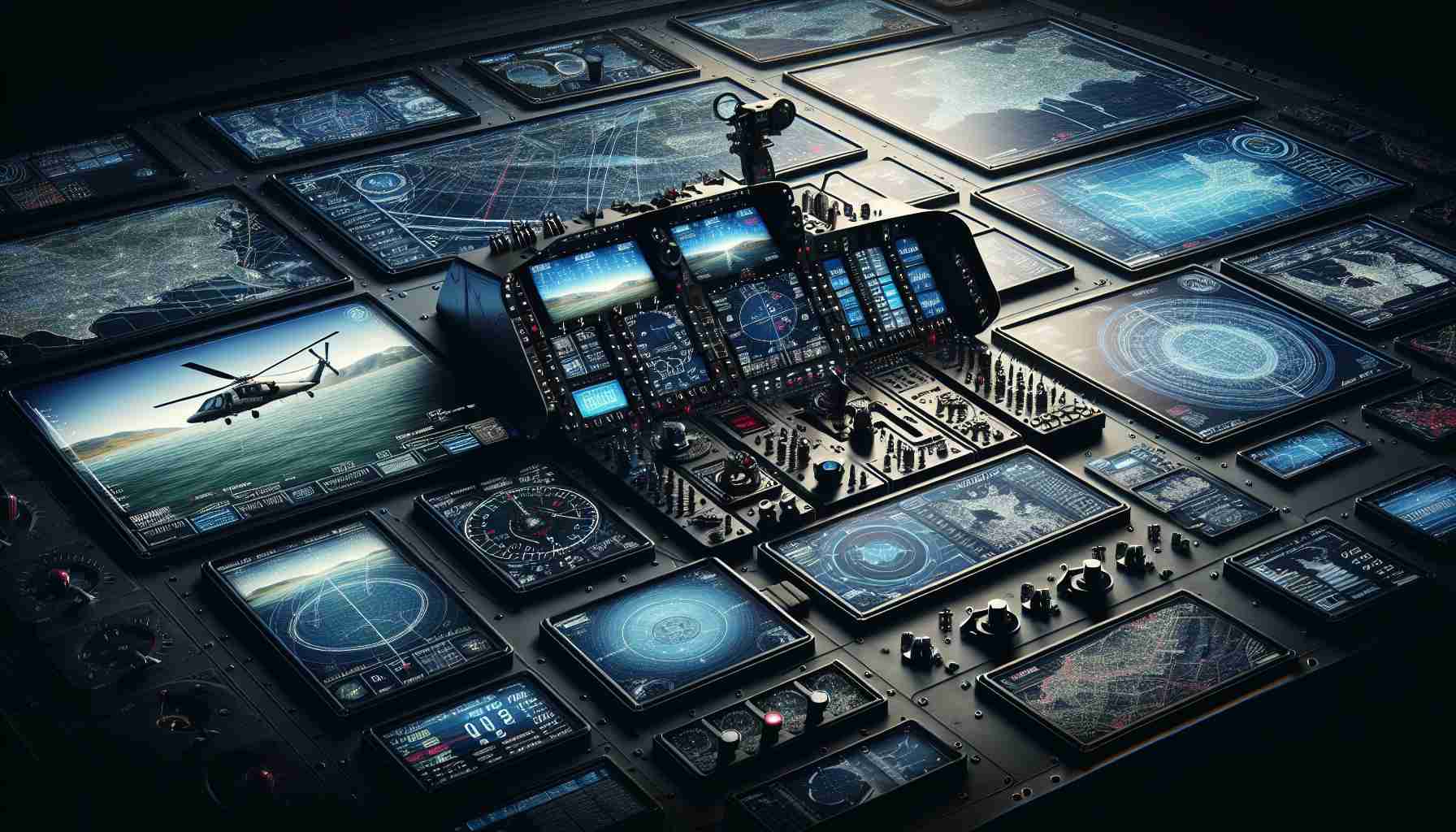 Generate a high-definition, photorealistic image of an advanced, cutting-edge helicopter navigation system. The scene shows a revolutionary upgrade in the form of a hi-tech console with various screens displaying maps, coordinates, and other navigation data. It should represent the next generation of aerial technology, with a futuristic and refined design.