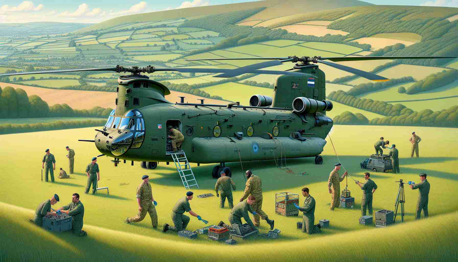 Illustrate a realistic, high definition image of an RAF Chinook helicopter undergoing maintenance in a green field located in the scenic countryside of Dorset, England. The maintenance crew, composed of a diverse team of individuals, can be seen working around the chopper. One person of Middle-Eastern descent is atop the Chinook examining the rotors, while a Caucasian woman is inside the cockpit adjusting instruments. A South Asian man can be found on a ladder working on the side of the helicopter, and a Black man is coordinating efforts from the ground. The backdrop includes rolling hills and farmland.