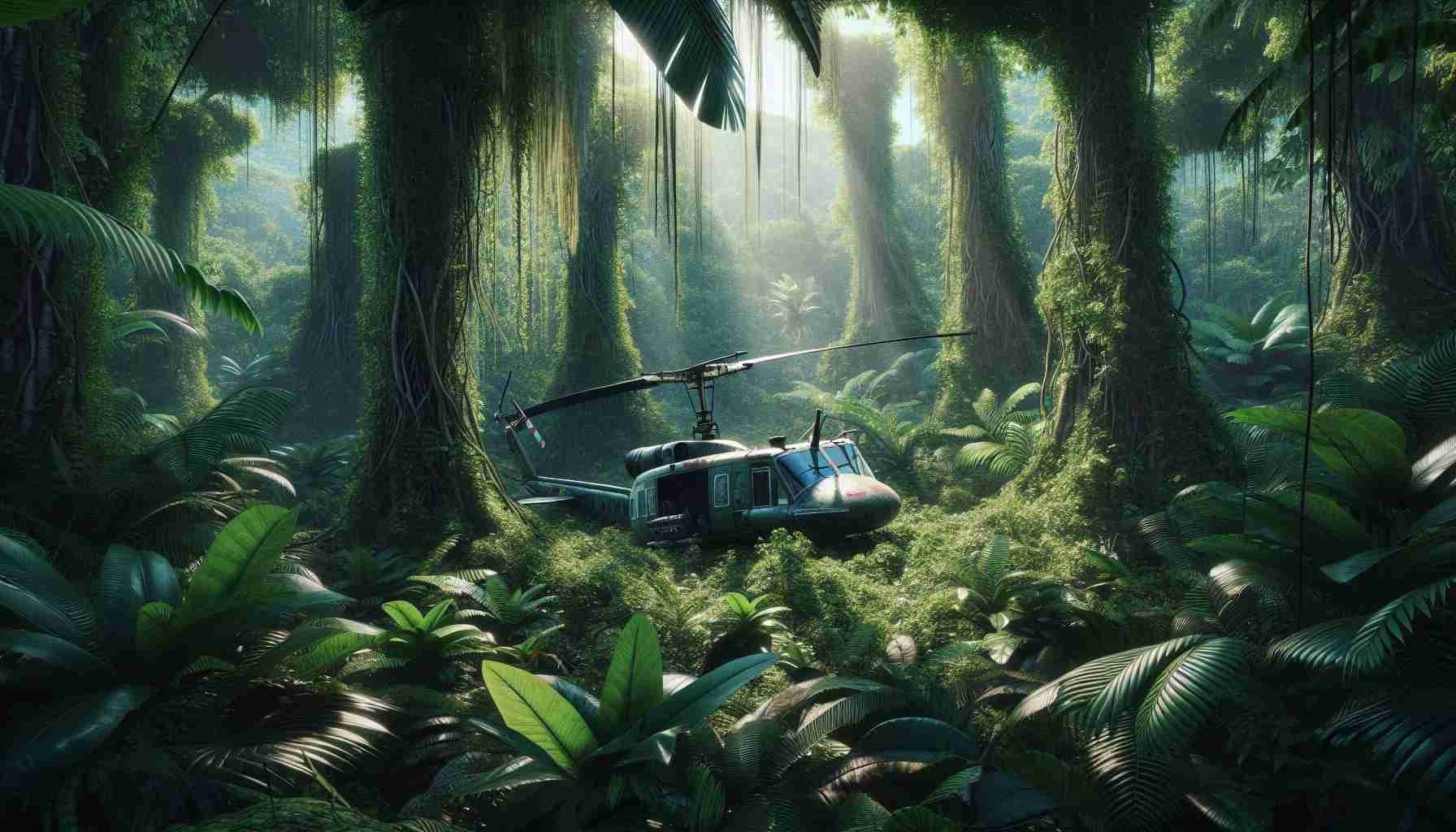 Generate a realistic, high-definition image of a military helicopter that vanished into the dense, verdant jungles of Cambodia. The foliage should be tropical, thick, and overwhelming with an array of robust trees, twisted vines, vibrant ferns, and dense underbrush. The helicopter should be hidden by the dense vegetation, signifying its mysterious disappearance. The scene should be set during the daytime, with rays of sunlight filtering through the cracks in the canopy.