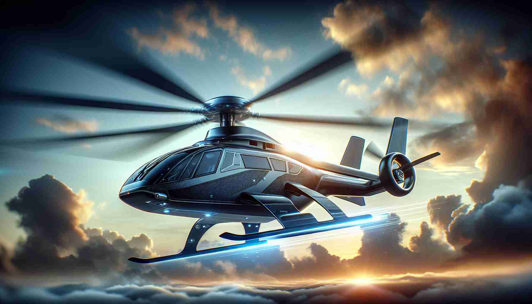 High-definition detailed illustration of a new era in air travel, featuring an advanced rotorcraft with cutting-edge technology. The rotorcraft is designed innovatively, with a sleek, futuristic design and high-tech features. It's seen poised for takeoff, its rotor blades cutting through the air with an aura of efficiency and power. The scene highlights the transformation and progression of aviation technology, conveying the idea of a revolution in air travel.