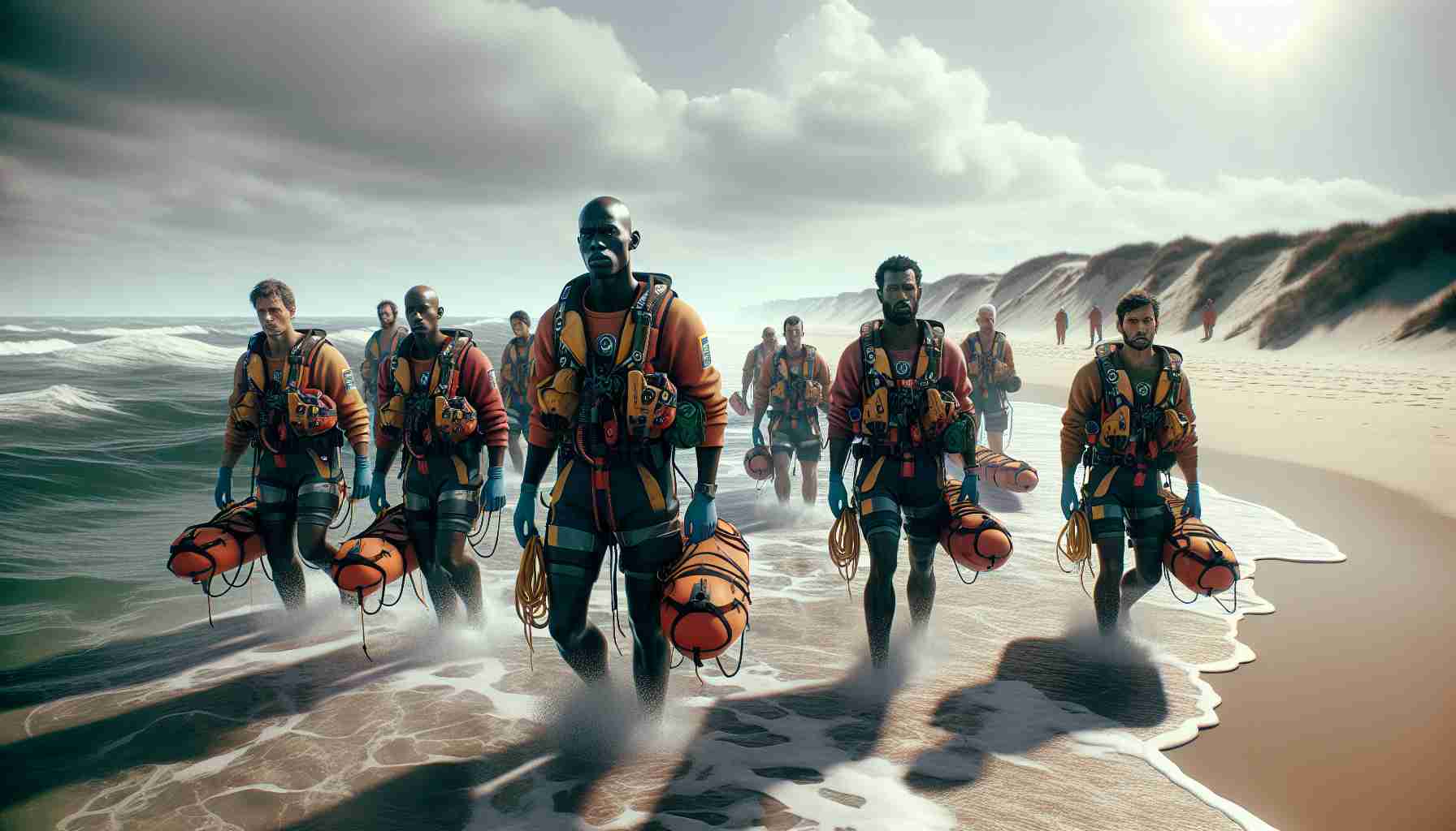 Generate a high-definition, realistic image of a coastal rescue operation in action. The scene should include a team of diversely composed rescuers made up of both men and women, of diverse descents including African, Asian, Caucasian, and Hispanic. They can be seen preparing to embark on a mission, equipped with all the necessary lifesaving tools like life jackets, ropes, floating tubes, etc. The coast should be distinct with natural elements such as the sea, sandy beach, and dunes. Keep the mood of the scene serious and urgent, highlighting the intensity of the situation.