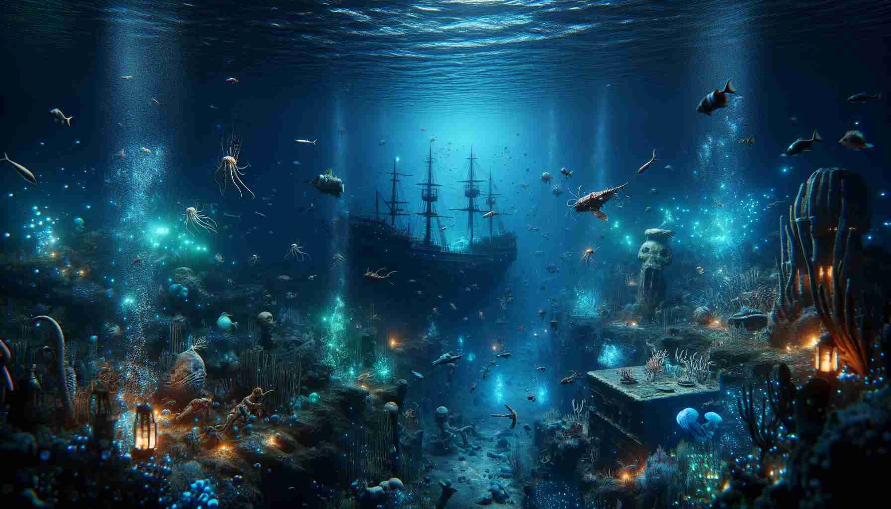 An ultra high definition, realistic image showcasing the mysteries of the deep sea. The ocean depth is illuminated, revealing intriguing artifacts from human history, such as a shipwreck and submerged ancient ruins. Bizarre and exquisite marine creatures of various shapes, sizes, and colors swim through the shadowy waters while bioluminescent plants and organisms add a mystical ambiance to the scene. The overall image is an engaging exploration of the ocean's hidden depths, demonstrating the untapped wealth of secrets waiting to be discovered.