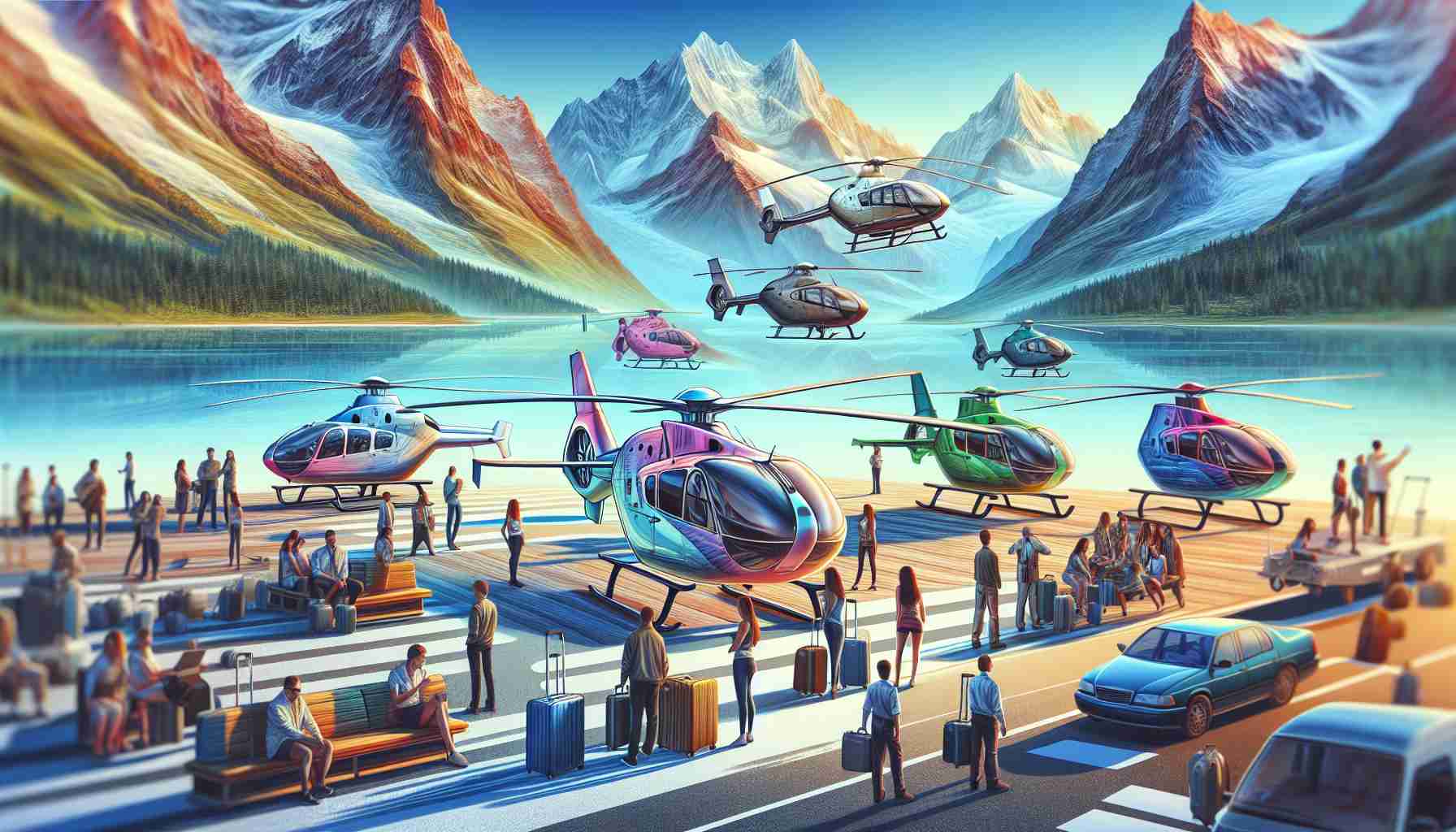 Generate a highly detailed and realistic image of a thriving tour business flourishing with its new collection of helicopters. Showcase an array of modern, sleek helicopters painted in vibrant hues, positioned at the ready on the launch pad. Include a background with mesmerizing natural landscapes that would be explored in such tours. The sceneries should be diverse: towering mountains capped with snow, vast stretches of azure oceans, and lush green forests. Also incorporate individuals of diverse genders and descents as tourists, eagerly waiting for their upcoming adventure and some personnel interacting with them, preparing for the tours.