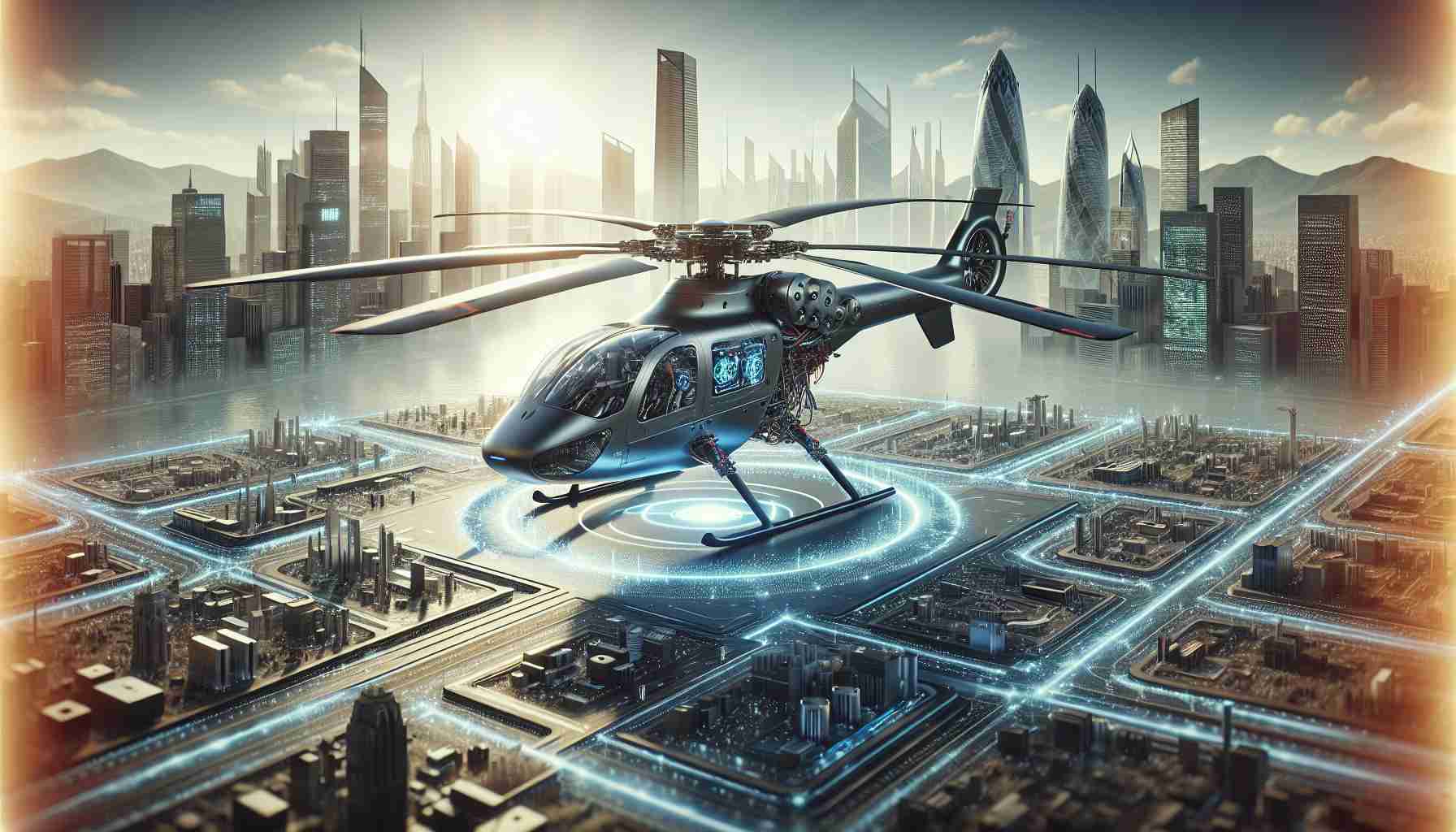 Create a realistic and detailed High Definition image that depicts the future of helicopter technology showcasing innovative advancements. The scene could contain a next-generation helicopter with advanced blades and engines, demonstrating incredible speed and maneuverability. Prominent technological features could possibly include AI-based cockpit controls, electric powertrains for environmental sustainability and advanced lightweight materials for construction. Perhaps there could be a backdrop of a city skyline with state-of-the-art architecture, suggesting the future era of air travel.