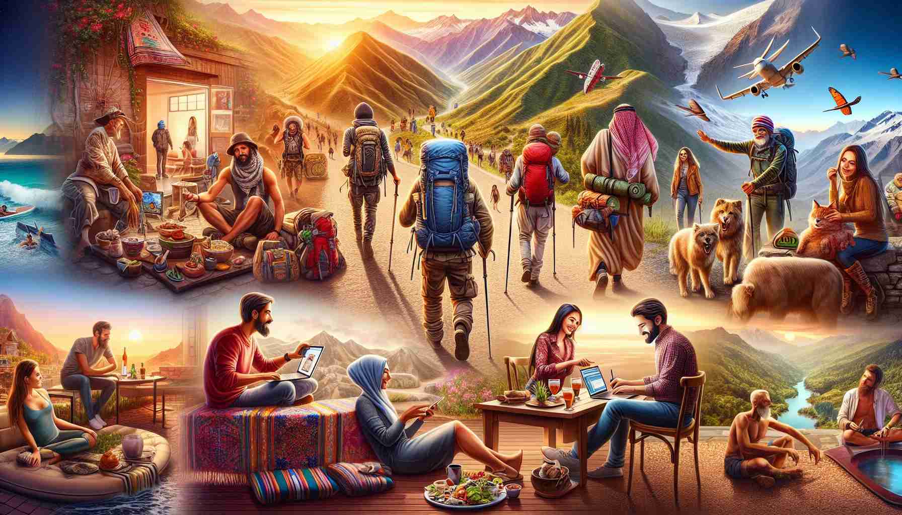 A realistic high-definition image capturing the essence of nomadic lifestyle. The scene illustrates various facets of embracing freedom through travel. It includes a diverse set of people from different descents like Hispanic, Middle-Eastern, and Caucasian. Each of them is interacting with their environment in unique ways, showcasing their individual travel styles. The scene might feature backpackers trekking in mountain trails, digital nomads working in scenic locations, culinary explorers trying local cuisines, etc. The vivid and detailed image should evoke the sense of freedom, adventure and diversity found in the nomadic lifestyle.