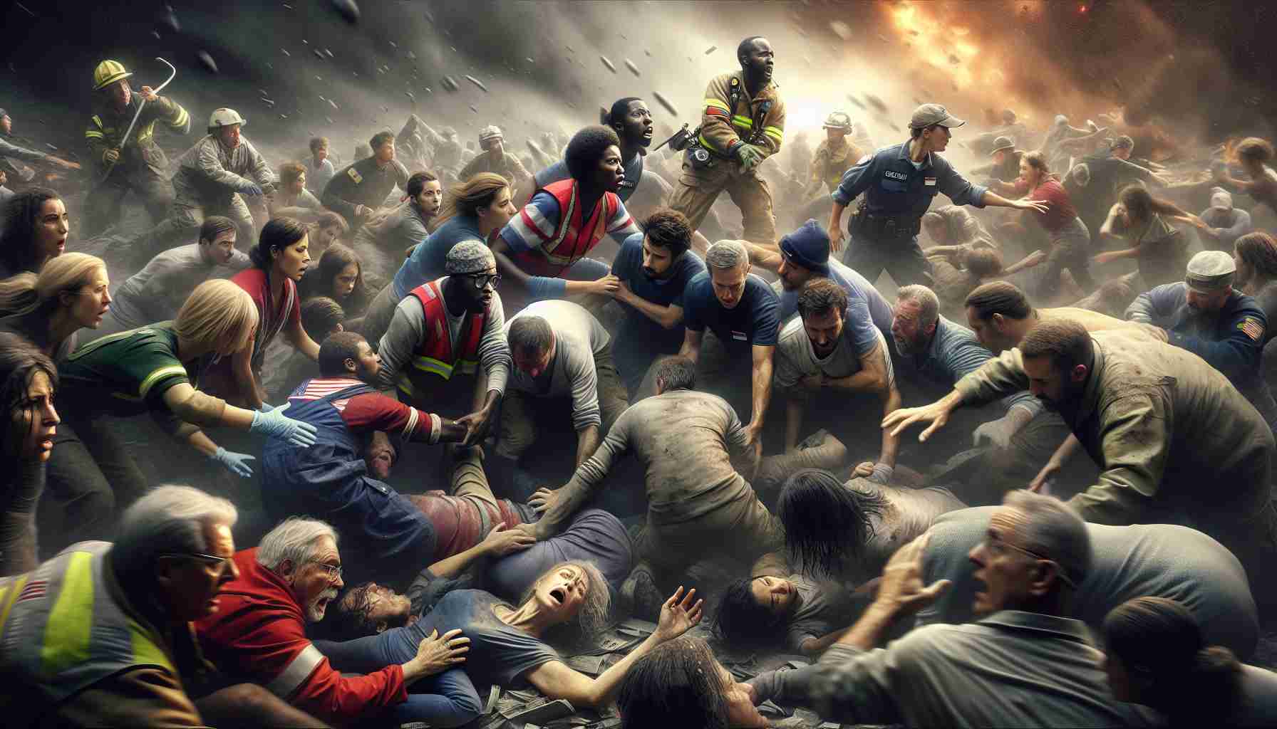 An ultra high-definition, photorealistic image of an intense scene unfolding, showcasing heroic efforts during a crisis situation. This comprises a group of people from diverse descents, namely Caucasian, Hispanic, Black, Middle-Eastern, and South Asian, male and female, who display courage and resilience in the face of imminent danger. Each person is depicted in the act of performing selfless deeds for the benefit of others; this could include guiding individuals to safety, applying first aid, or comforting the affected ones. There is a palpable sense of urgency, hope, and unity, despite the unfolding chaos insinuating a natural disaster, or a societal emergency.