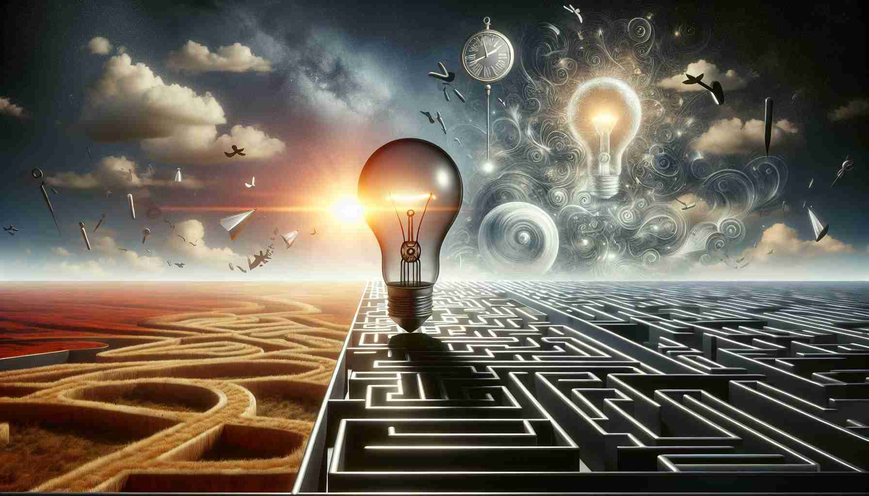 High-definition, realistic depiction of a metaphorical representation of memory and politics. This should feature an open landscape, possibly an intricate maze signifying the complexity of politics, in contrasting shadows and bright light. Further, present a large, glowing light bulb, a common symbol of memory, near the horizon. The sky could be filled with elements that signify time, like floating hourglasses or sun dials, indicating the ever-changing nature of both memory and politics.