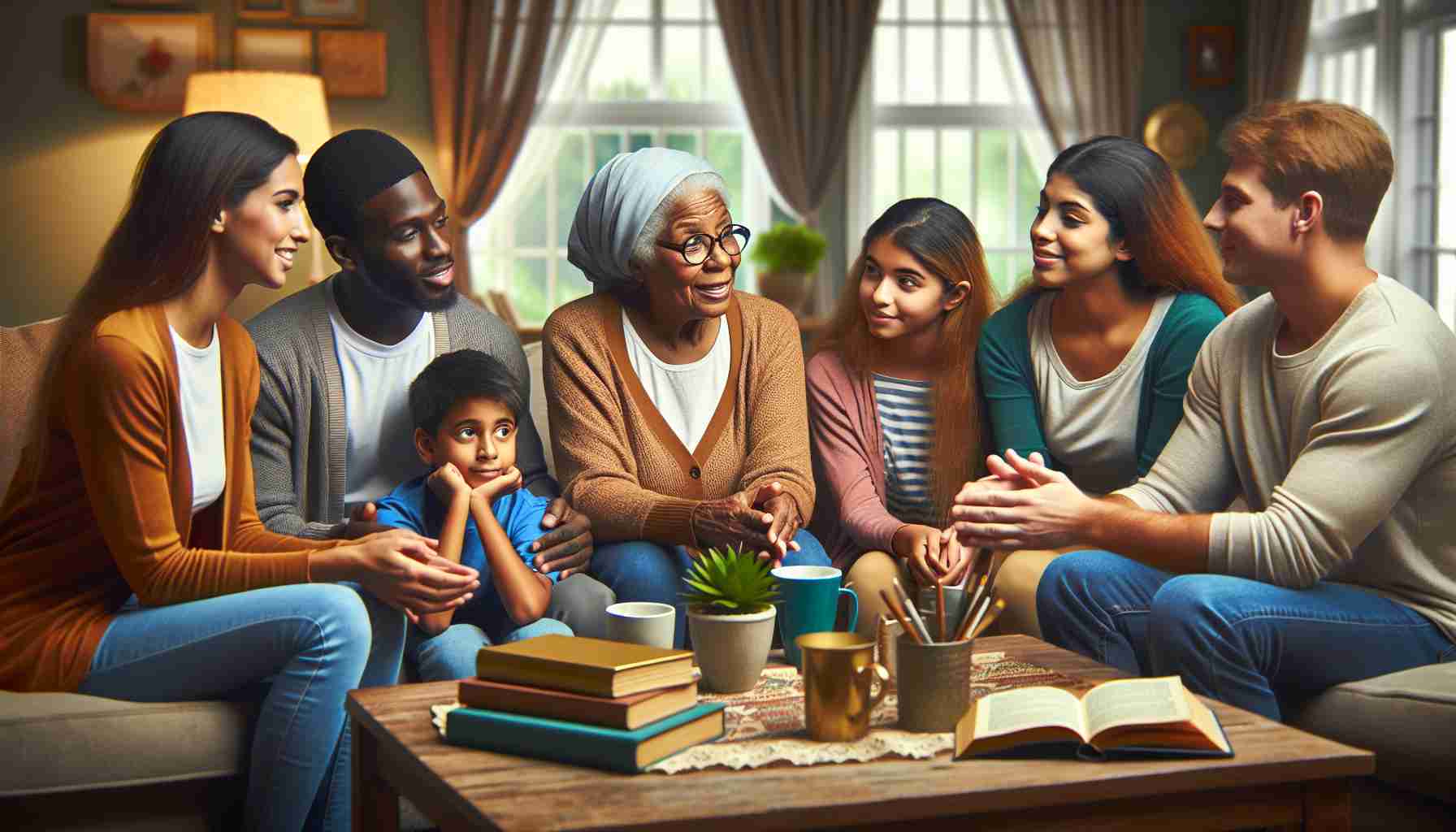 An HD quality, realistic representation of the concept 'A New Chapter: Understanding Family Dynamics'. This scene should depict a diverse family sharing a conversation in a welcoming living room. The family should consist of a Black grandmother, a Middle-Eastern father, a Caucasian mother, a Hispanic teenage daughter, and a South Asian young son. They should be seen engaged in a warm, animated discussion, with books on psychology and family relations scattered across the coffee table. Expressions of understanding, empathy, and love should be evident in their interactions.