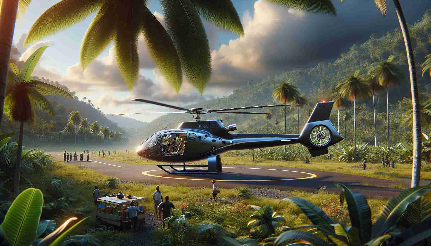 High-definition, realistic image of the developing aviation infrastructure in Papua New Guinea, showing a contemporary scenario where new helicopter leases are continually expanding opportunities. The scene encompasses a lush tropical landscape with a helicopter, equipped with the latest technology, preparing to take flight against the backdrop of the endless sky. The helicopter should convey the impression of its readiness to be leased, adding the spirit of vibrant growth and adventure. One can also spot people around the helicopter indicating the buzz of activity.