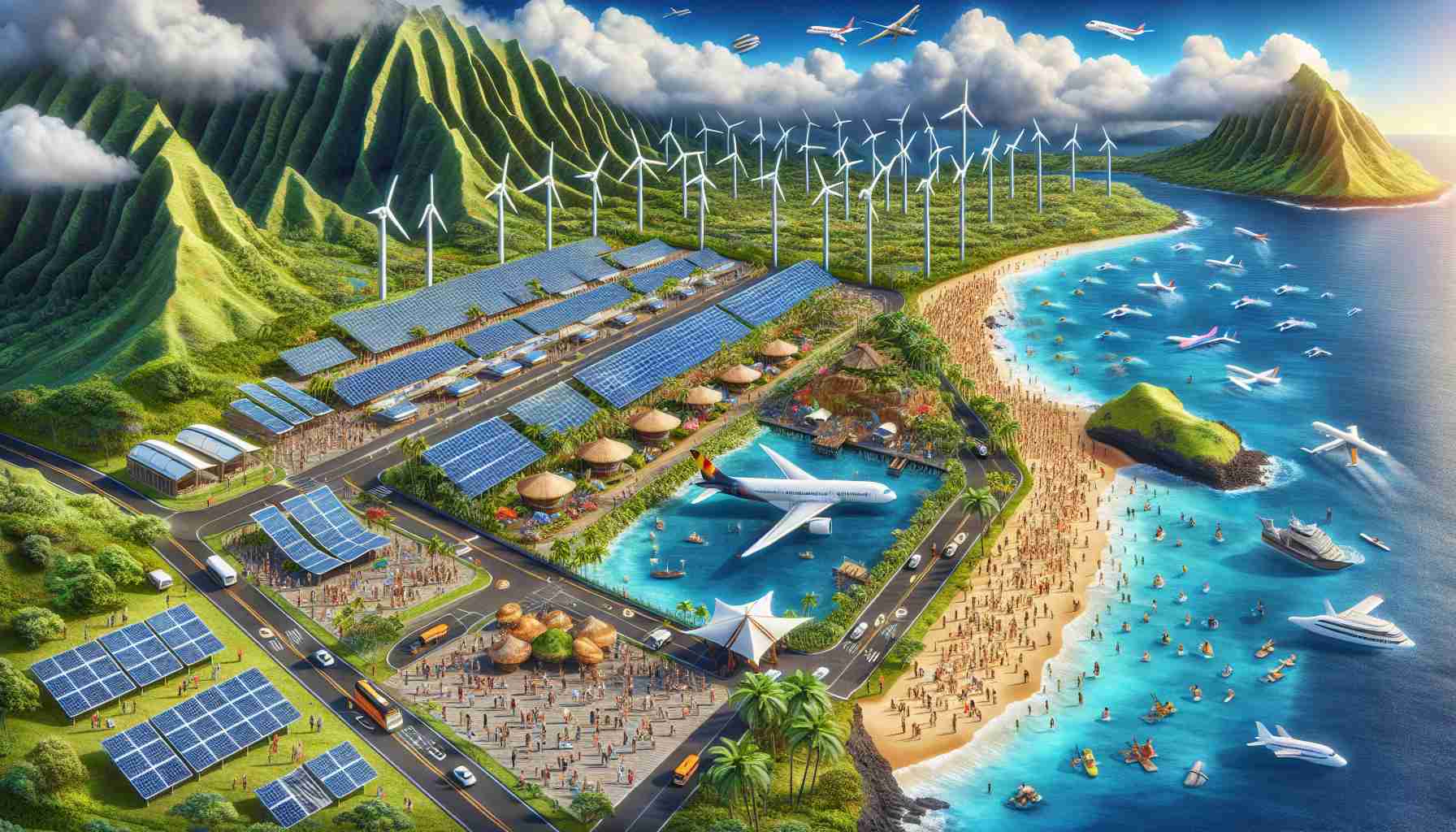 A detailed and realistic high definition image showcasing the impact of sustainable aviation practices on Hawaii tourism. Depict an environmentally friendly airport with solar panels and wind turbines juxtaposed against lush Hawaiian scenery. Show me busy but orderly airport grounds with people of diverse descents and genders boarding a hybrid-electric airplane. Also, incorporate elements that symbolize tourism like crowds admiring scenic view points, hiking trails, and pristine beaches, all hinting at a thriving tourist industry made possible by sustainable aviation.