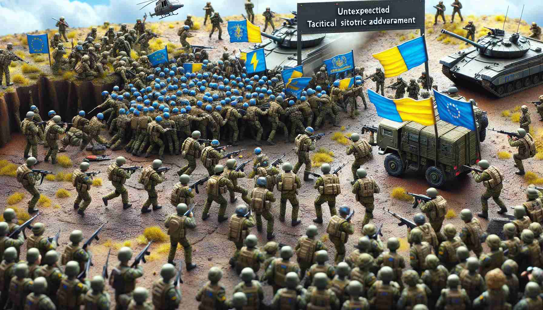 A detailed and realistic illustration in HD of an unexpected tactical advancement by a military force, represented with blue and yellow insignia, surprising an opposing force represented with white, blue, and red insignia. It shows a complex scene of soldiery movements, battle formations, and strategic positioning, capturing the tension and unpredictability of the ground warfare scenario. Note that all soldiers are wearing appropriate military equipment, and the environment is reflecting the geographical characteristics found in Eastern Europe.