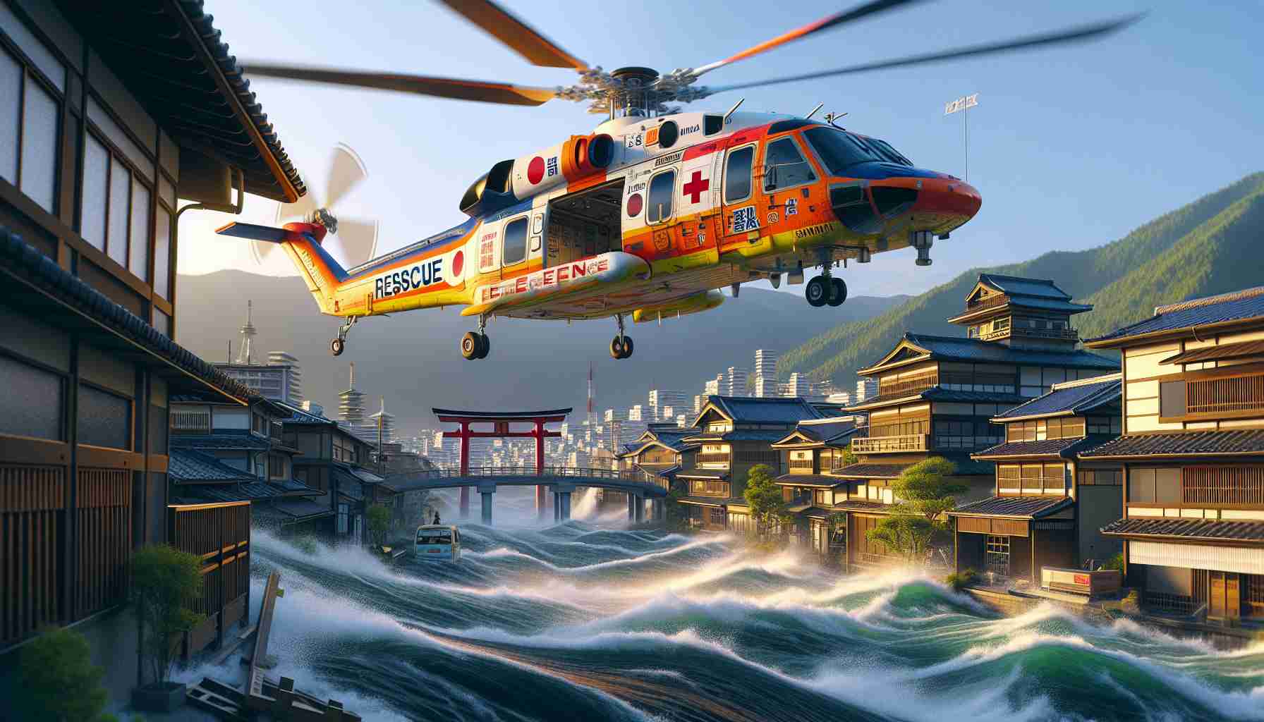 Create a highly detailed and realistic image of a new emergency helicopter landing in a location in Japan. The scene should capture the intensity of the situation. The helicopter could be painted in bright colors for high visibility, with rescue markings on it. The location can be a cityscape with distinct Japanese architecture in the backdrop. There should be insignia on the helicopter indicating it's for emergency use. Ensure the helicopter's rotors are in motion, signifying it is in the process of landing.