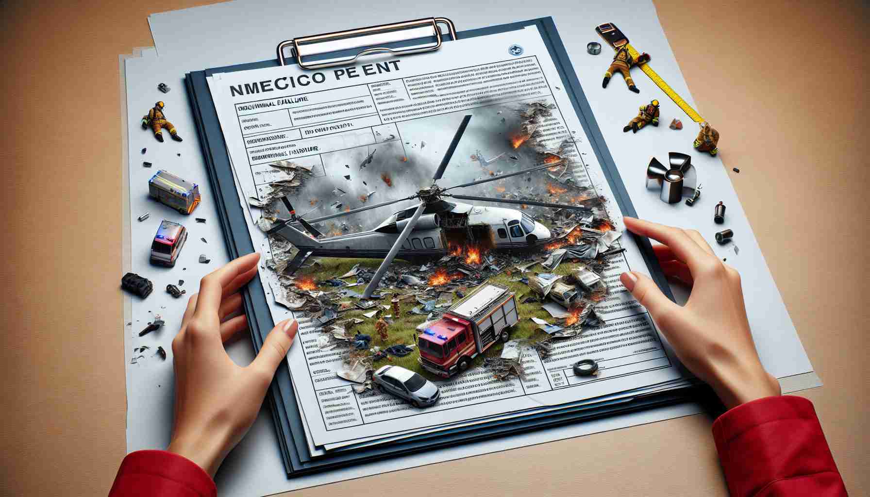 Generate a realistic HD image of a new helicopter crash site with scattered debris and emergency services, indicating a scene of mechanical failure. The image should include a separate document-looking portion that displays a technical report confirming the cause of the crash as a mechanical failure.