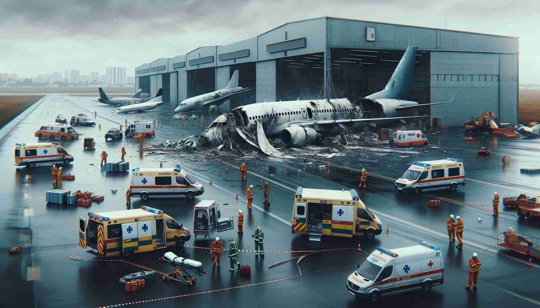 Generate a realistic, high-definition image showing a tragic incident occurring at an aviation training ground. The scene may include damaged airplanes, ambulances, and personnel attending to the situation. The setting is defined by several hangars in the background, runways, and various aircraft parked around. The weather is overcast, contributing to the gloomy atmosphere, and the incident area is cordoned off with safety tape and barriers.