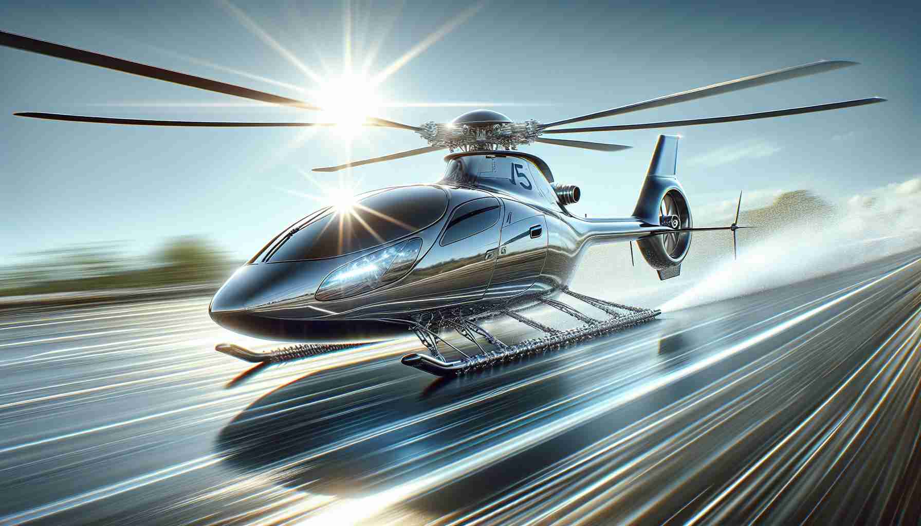 A highly detailed and realistic image of a newly designed helicopter that has broken speed records. The helicopter exhibits a sleek, streamlined design suitable for high-speed travel, with efficient rotor blades that hint at groundbreaking aerodynamics. It is shown glistening under a bright sun, with the surrounding environment reflecting a blur due to the high speed.