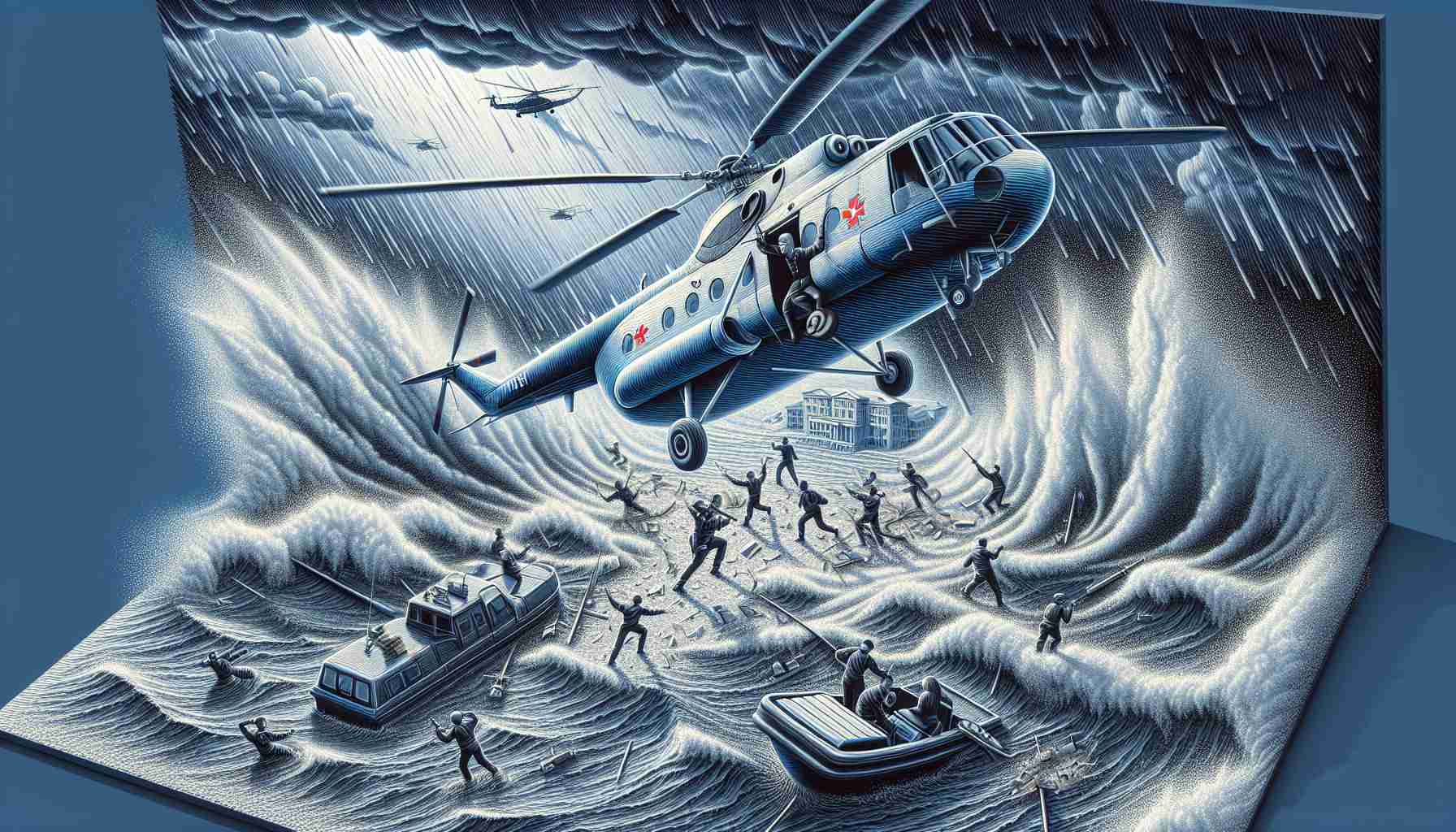 An illustration of a fabricated incident involving a ruler's helicopter, rendered in a hyper-realistic style. It portrays the dramatic scene where the aircraft experiences perilous circumstances that turn out to be fictionalized.