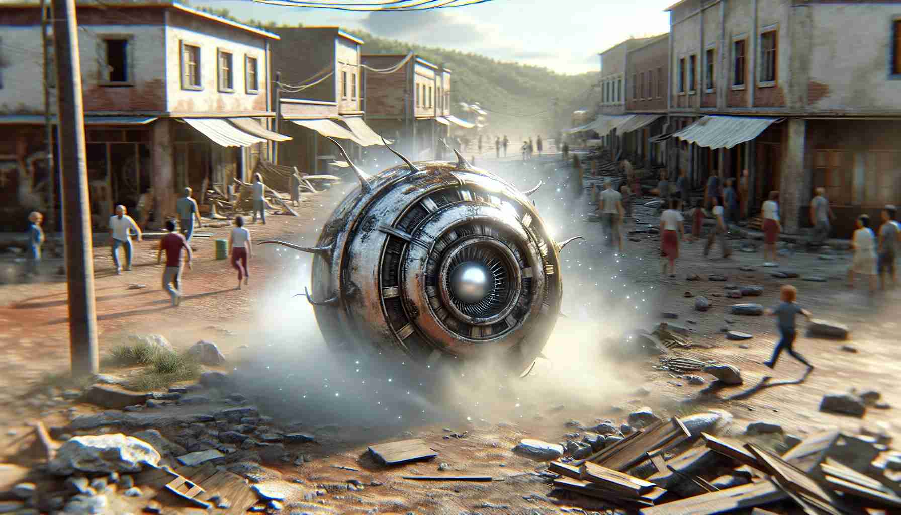 A realistic, high-definition image of a mysterious object causing chaos in a small town. The object is of unknown origin and its appearance is enigmatic and unusual. The scene around the object is filled with signs of chaos and disorder, with people running around and structures having been damaged.