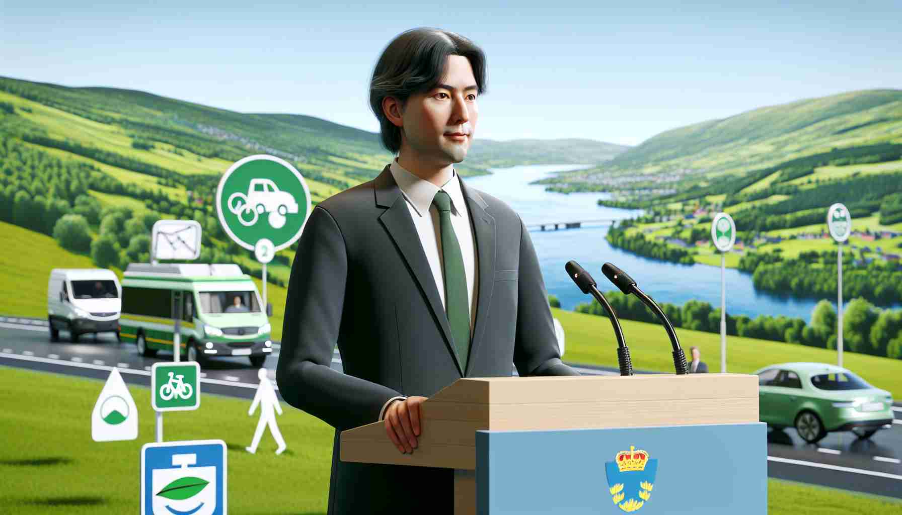 Realistic high-definition image of a nondescript government representative from Sweden standing at a lectern, announcing a Green Transport Initiative. There could be a backdrop showing green hills and clean water, symbolizing the environmental message of the initiative. The representative could be of any race and gender, indicating the diversity of political representation. There should also be symbolic elements such as electric vehicles, bicycles, and pedestrians in the background, emphasizing the green transport idea.