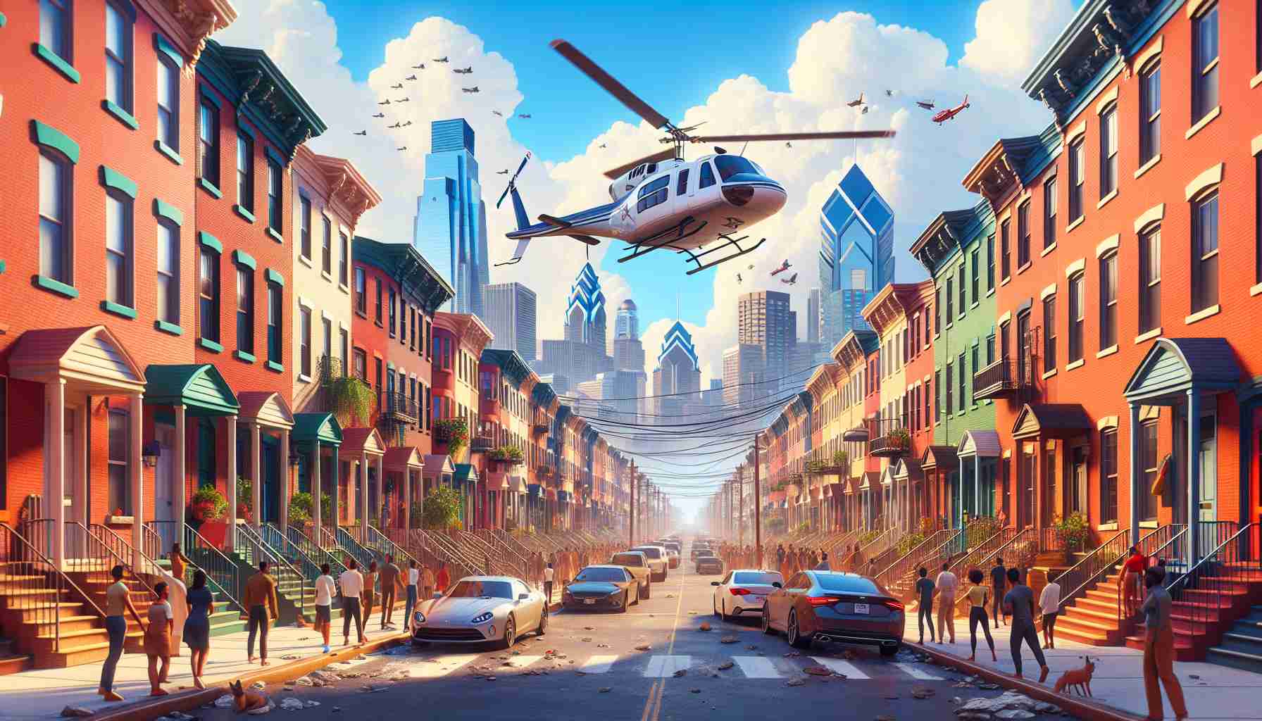 Generate a realistic, high-definition image of an unanticipated helicopter adventure taking place in South Philadelphia. The scene should depict a vibrant cityscape with traditional row houses, bustling streets and the helicopter soaring in the blue sky. Ensure the diversity by including people of various descents and genders on the ground, observing the adventurous occurrence with surprise and awe.