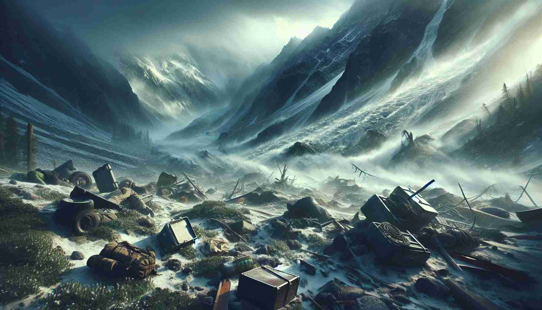 Visualize a high-definition realistic image showing a tragic event occurring in an isolated mountain region. The scene portrays a desolate mountain area, illustrating the harsh reality of nature's wrath. Stark weather conditions, perhaps a severe snowstorm or a devastating landslide, create a dramatic aura. Overturned gear, scattered debris, hints of a recent camp site are strewn about, showing the before and after of a sudden catastrophe. Dramatic lighting enhances the gravity of the situation, raising a sense of melancholic beauty amidst the brutal chaos.