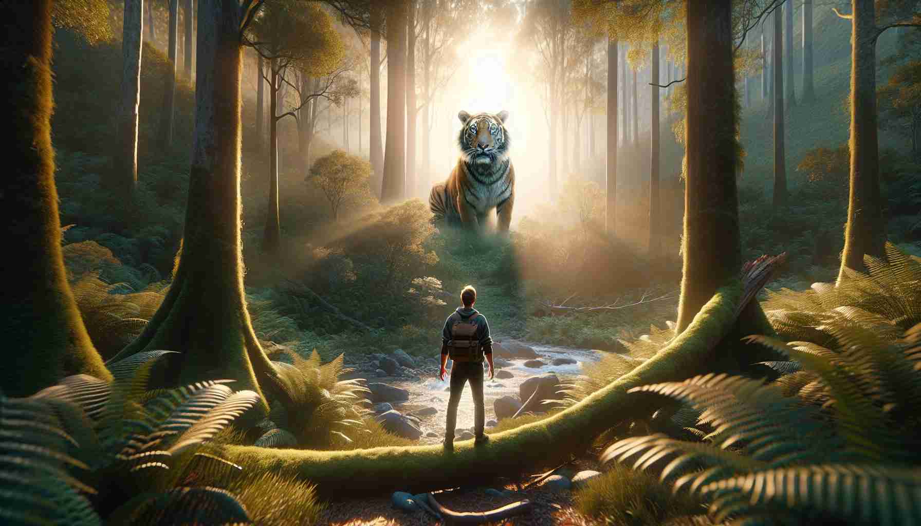 Generate a realistic, high-definition image depicting an unforeseen encounter with nature. It can feature a person of any gender and descent, catching a glimpse of a rare animal in the wild or witnessing an unusual natural event. The setting can be a lush forest, high mountain, or quiet lake. The encounter should evoke surprise and awe, yet remain harmonious, underlining the magnitude and unexpected beauty of nature.