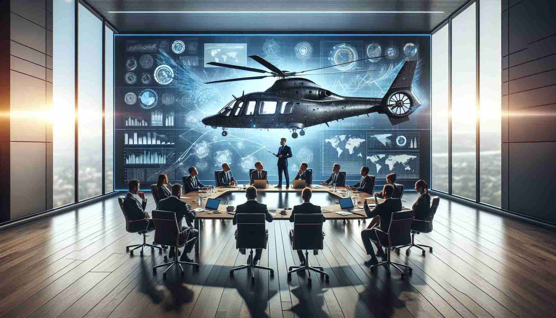 High-definition, realistic image of the leadership team from a prominent helicopter company, known for manufacturing and innovating, taking strategic steps in a conference room to induce future growth and advancements. The team is actively engaged in a discussion over charts, graphs, and luminary ideas projected on a screen, signaling the new direction for the company's sustained growth.