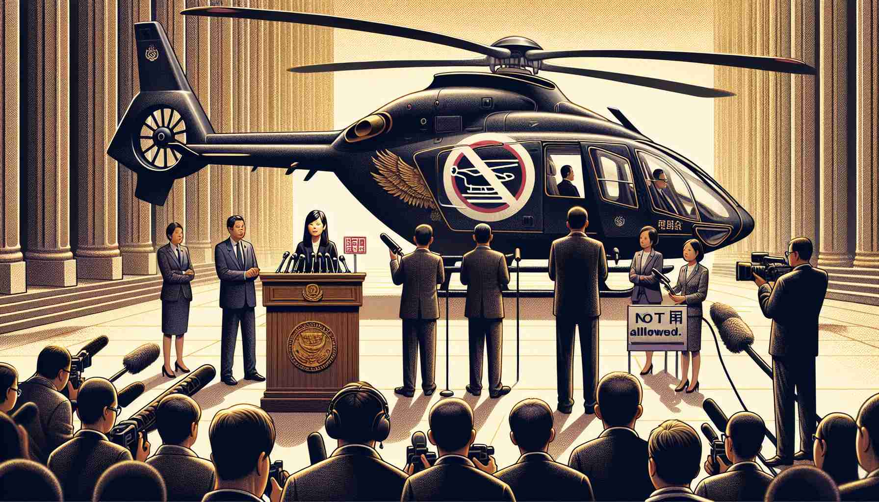 Detailed and high definition image of a governmental institution announcing the cessation of a VIP helicopter service in favor of focusing resources on public services for the common citizens. The scene depicts a press conference, with several journalists and officials; the main government representative should be an East Asian woman standing at the podium, addressing the media. A symbolic image of a luxury helicopter with a 'not allowed' symbol overlaying it can be seen in the background.