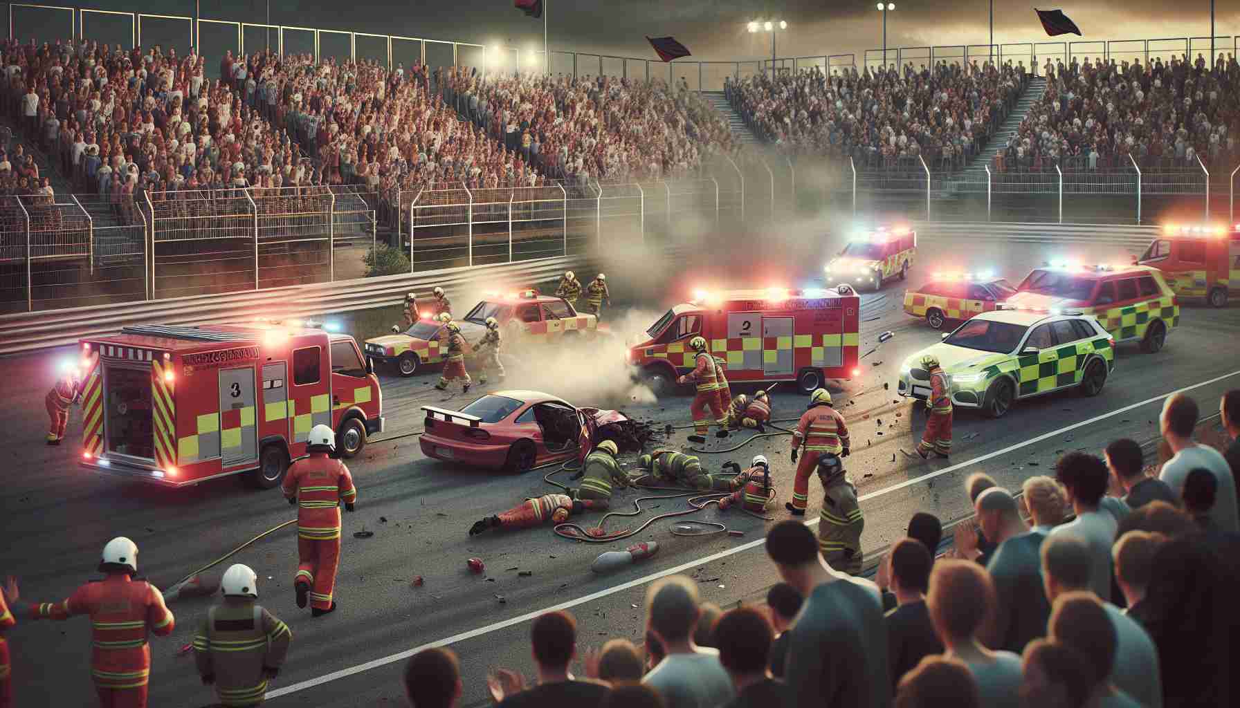 High definition, photorealistic image of a tragic event at a local car racing event. The scene features emergency services racing towards the track to help, while the audience watches on in shock and worry. Detailing is needed on elements such as the reaction of the crowd, the flashing emergency lights and the intensity of the atmosphere.