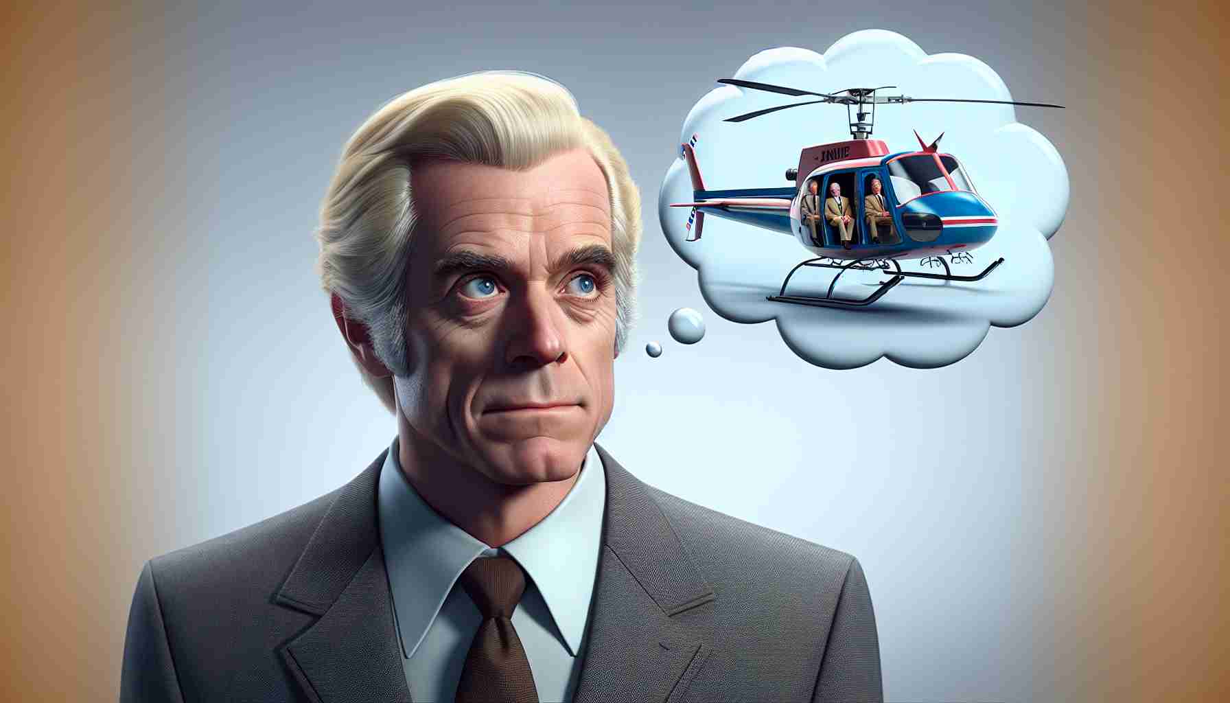 A realistic high-definition image of an older man with blonde hair, a business suit, and a famous look of vaguely amused skepticism. He is imagining what helicopter rides must be like, his misconception appearing in a thought bubble. Within the bubble is a cartoonish image of a helicopter that looks surprisingly similar to a carousel ride, complete with horses suspended from the helicopter blades.