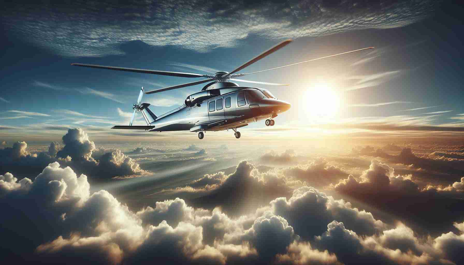 A high-definition and realistic image of new helicopter models soaring in the virtual skies. The models display intricate detail and modern design, gliding through a vast, digitally rendered sky filled with fluffy clouds and a brilliant, radiant sun.