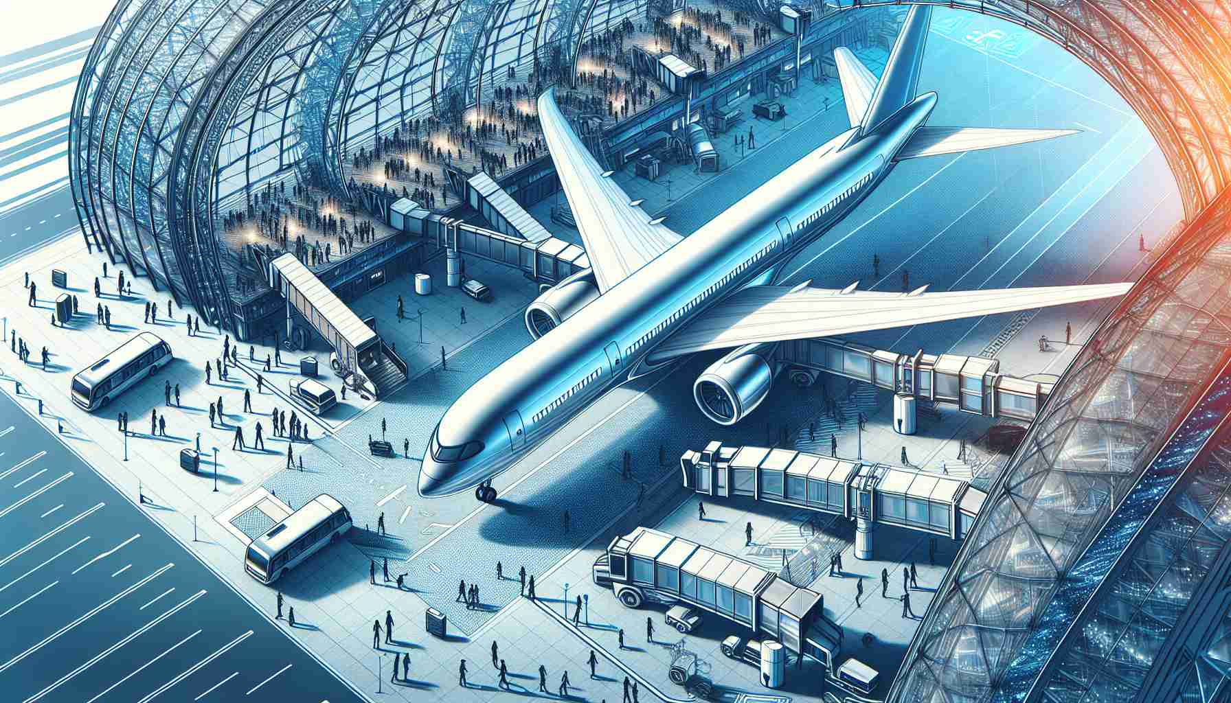 Generate a highly detailed, realistic image that depicts the concept of new developments in air travel. The illustration should convey a sense of novelty and innovation, possibly depicting a futuristic airplane design, ideas for efficiency in boarding procedures, or a high-tech airport environment. Try to reflect the excitement and anticipation that typically accompanies such unveilings.