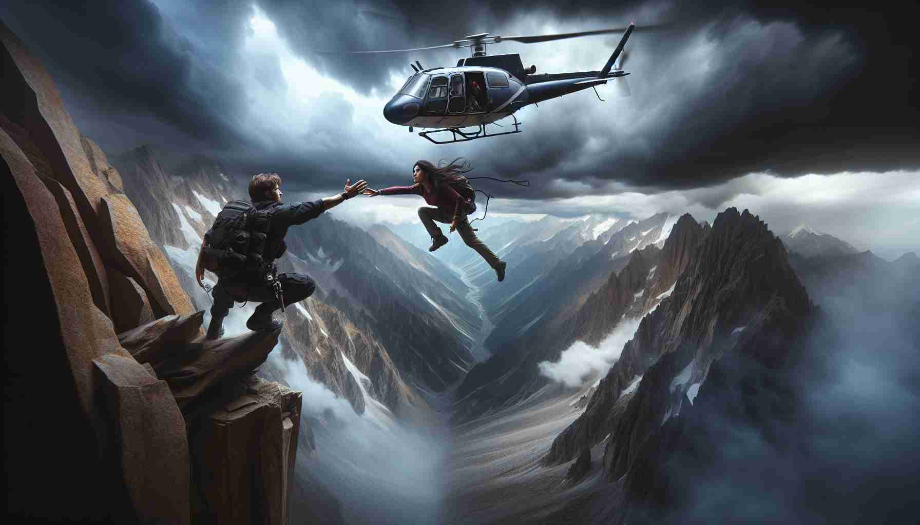 Generate a highly detailed and realistic HD image inspired by a daring pilot rescue mission. In the scene is a Caucasian male pilot expertly maneuvering a helicopter, hovering just above a rugged, mountainous terrain. He's reaching out to a Middle-Eastern female mountaineer who's trapped on an isolated ledge, her determination visible. To add to the tension, dark storm clouds gather in the sky, promising an impending storm.