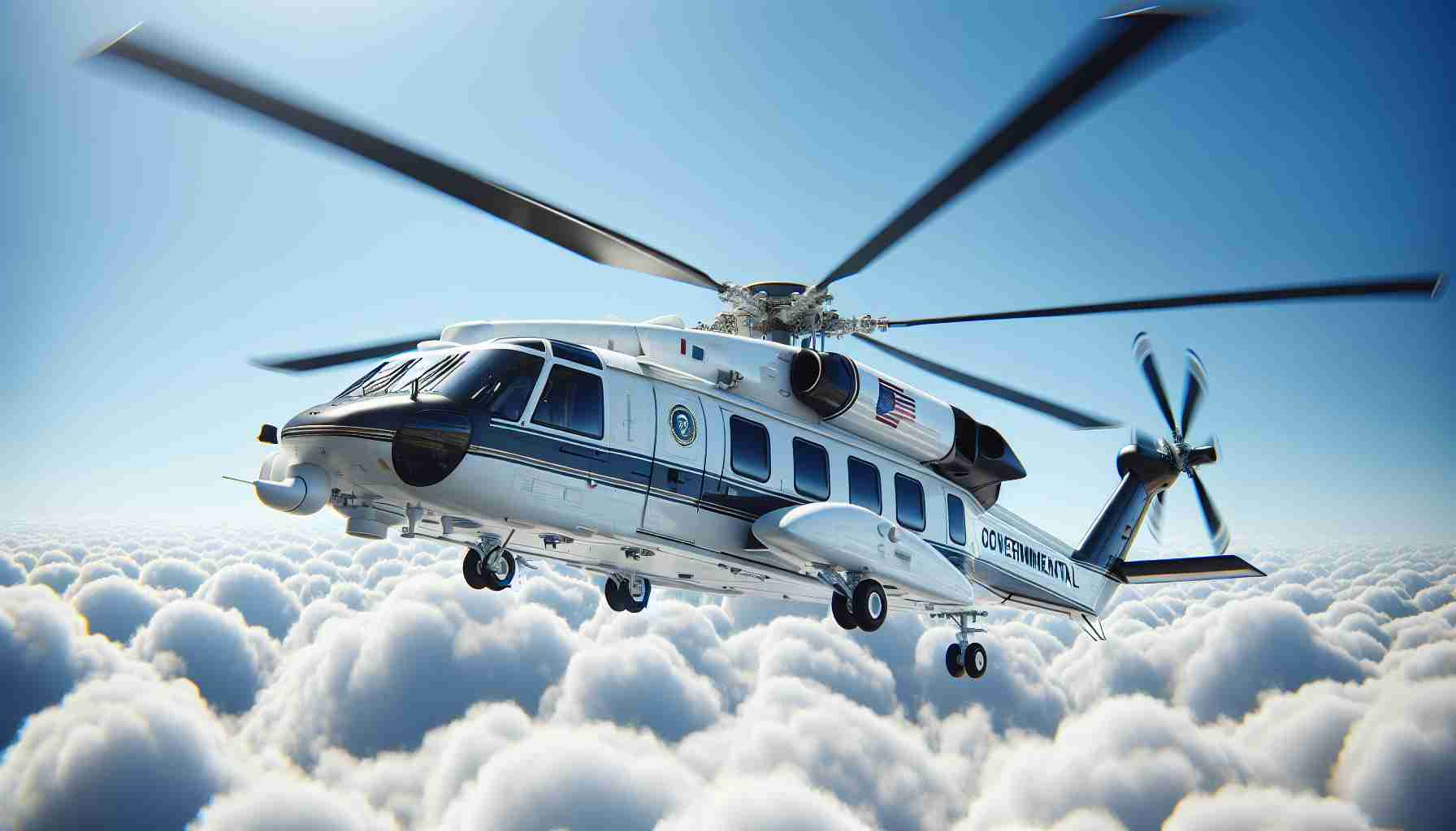 A high-resolution, realistic image of a new governmental helicopter soaring in the sky. The helicopter is modern, equipped with advanced features and is painted in official governmental colors. It's flying in the bright blue sky with wisps of clouds around it, providing a view of its impressive design and the wake caused by its powerful rotor blades.