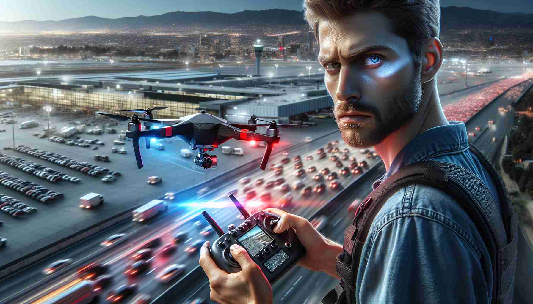 High-definition realistic visual of a Caucasian man caught in the act of illegally operating a remote-controlled drone in the vicinity of a bustling urban airport. The scene captures the man's tense expression, the intricate details of the high-tech drone hovering in the air just beyond the airport's boundary, and the sprawling backdrop of the airport terminal bustling with activity. It portrays the reflection of flashing red and blue lights from the approaching law enforcement vehicles on his face.