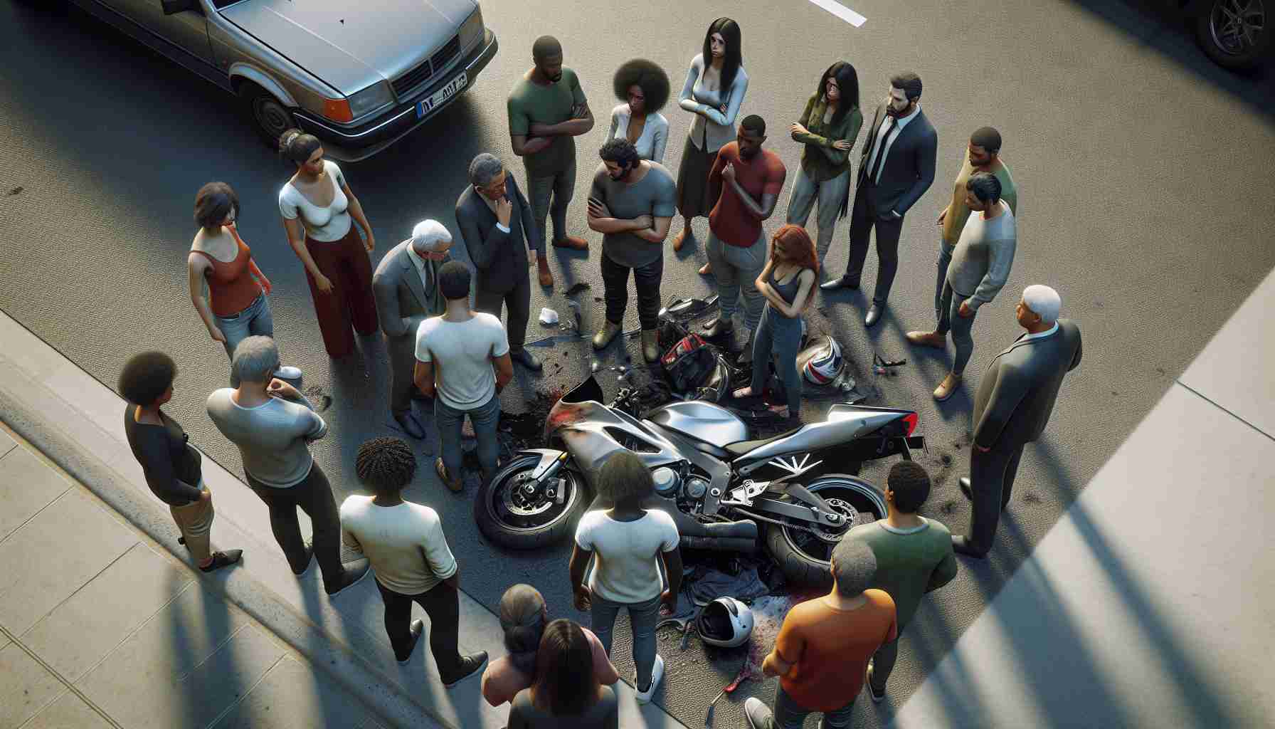 A high-definition realistic image showing the aftermath of a motorcycle accident. The scene indicates clear damage to the motorcycle and there are several bystanders gathered around in concern. A group of people, a mixture of male and female, of various descents such as Caucasian, Black, Hispanic, Middle-Eastern, and South-Asian, are seen contemplating the accident and appearing to discuss possible road safety measures. Tension and concern are evident in their expressions, emphasizing the seriousness of the situation and the need for improved road safety.