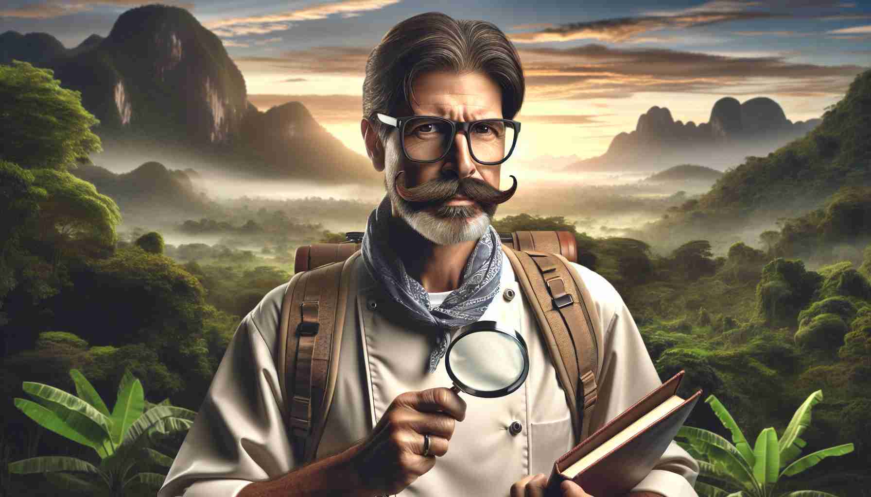 A realistic high definition photo capturing a unique moment as a renowned, talented chef, a middle-aged Hispanic man with a prominent moustache and glasses, embarks on a culinary expedition. His journey aims to uncover and explore rare, exotic ingredients. The chef is seen equipped with essential travel gear, holding a magnifying glass in one hand and a recipe book in the other. The backdrop is an expansive jungle with lush vegetation, at dawn, encapsulating the excitement and mystery of the task ahead.