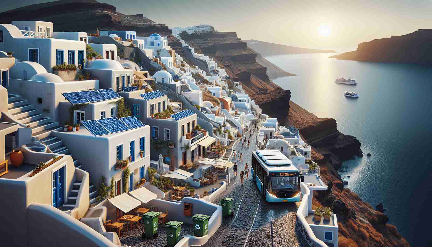 A high-definition, realistic image illustrating sustainable measures designed to enhance the tourism experience in Santorini, Greece. The scene could include solar panels on traditional Cycladic white and blue houses which lie clustered on rugged cliffs overlooking a sapphire sea. The narrow, stone-paved streets are busy with multinational tourists and locals, a hint at the effective waste management system in place with the presence of recycling bins at regular intervals. an electric, emission-free tourist bus is seen at a distance making its way into the unique scenery. Picturesque views of the beautiful sunset over the Aegean sea in the backdrop provide a serene touch to the image.