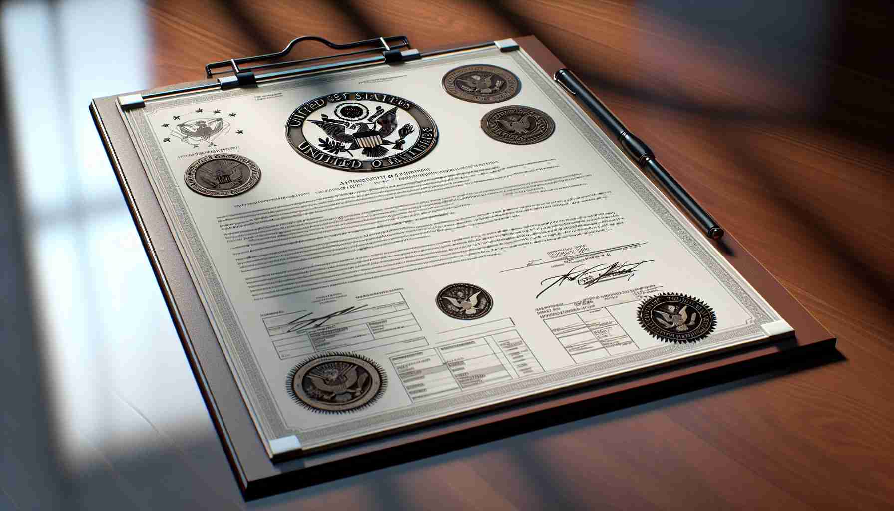 A high-definition, realistic digital representation of a document indicating the approval of a significant military sale of equipment from the United States to the Netherlands. The document lies on a polished wooden table. The emblem of United States and the Netherlands can be seen at the top of the document. Various official stamps and signatures are displayed to authenticate the sale, along with text detailing the items included in the military sale. The document has a professional and official look, with a balance of formality and gravity befitting such important international agreements.