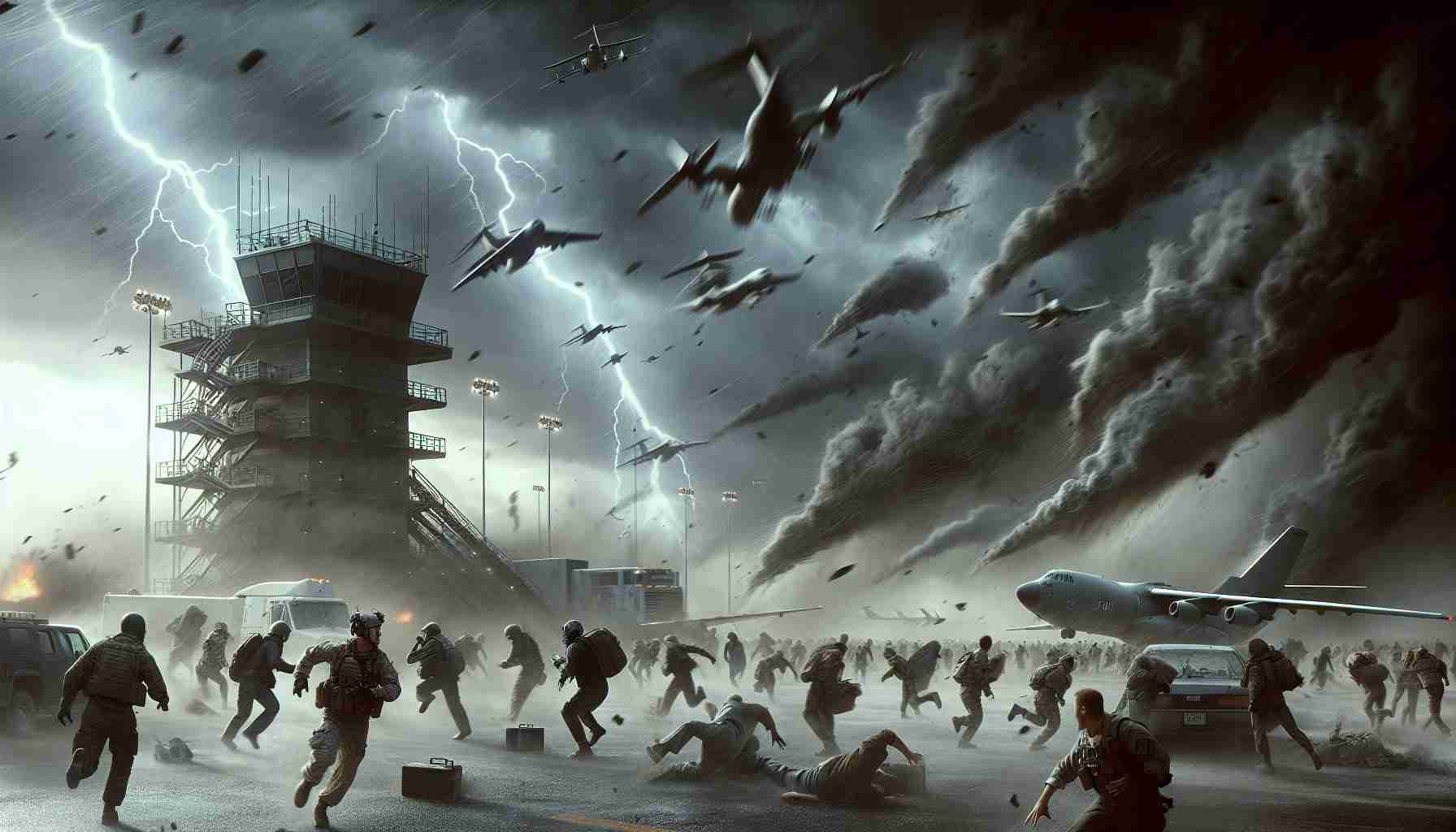 Realistic high definition portrayal of a severe storm causing chaos at a military base. The image should depict a dark, ominous sky filled with thunderous clouds, strong gusting winds whipping up dust and debris everywhere. Panic stricken personnel of various genders and descents might be seen running about in disarray, trying to secure loose equipment and rushing to take shelter. Aircrafts parked on the runway may be seen shaking, as if ready to be swept away any moment. Finally, a depiction of lightning striking near the control tower could add to the dramatic effect.