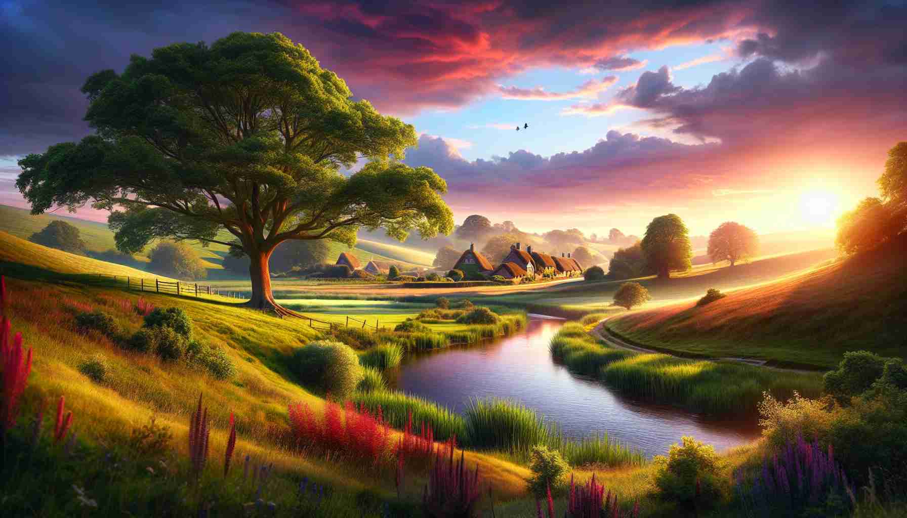 realistic, high-definition photo of a serene and picturesque landscape with gently rolling hills under a clear blue sky, lush fields of vibrant green grass, a tranquil winding river flowing through the plains, a quaint village in the distance with traditional thatched roof cottages, a solitary oak tree standing tall by the water's edge, its leaves moving softly with the gentle breeze, bird songs in the air, bathed in the warm, golden rays of the setting sun that paints the horizon with a breathtaking array of reds, pinks and purples. Overall a scene that exudes calm and peace.