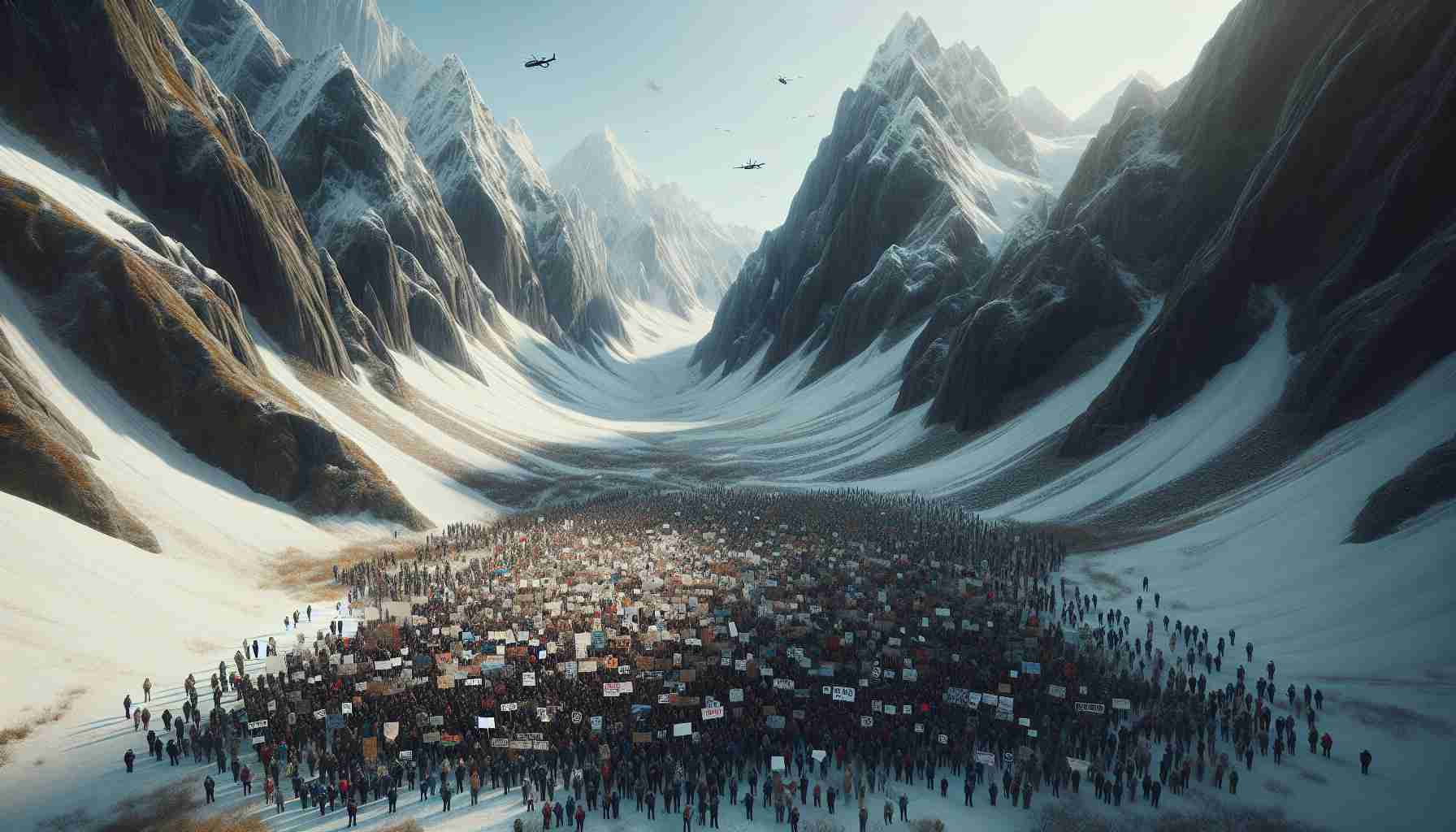 An extremely high-definition, realistic photograph capturing a moment in a secluded mountain range. There is a large protest happening, with a crowd of people united by a cause that has filled the air with palpable energy. Their signs held high tell the story of their fight, pausing all helicopter activity in the vicinity. The uniqueness of the location is emphasized with towering peaks dusted with snow and an invigoratingly clear sky above. Despite it being a remote location, the people have come together, determination etched on their faces, showing their unity against the disruption of their tranquility.