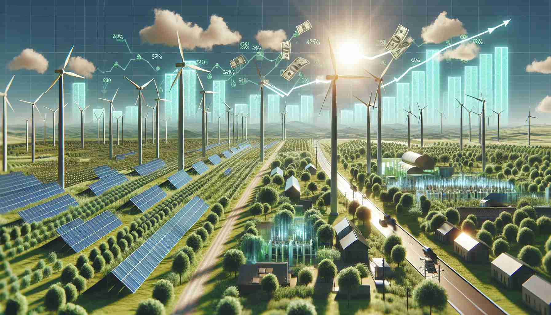 Depict a photo-realistic, high-definition illustration that symbolizes 'New Opportunities Arise in Sustainable Infrastructure Investments'. Let this scene have eco-friendly structures, which may include solar farms, wind turbines, and green buildings. Show signs of growth on this infrastructure, such as flourishing vegetation or new construction in progress. Add some financial elements to signify 'investment', such as stocks, currency, or graphs subtly integrated into the scene.