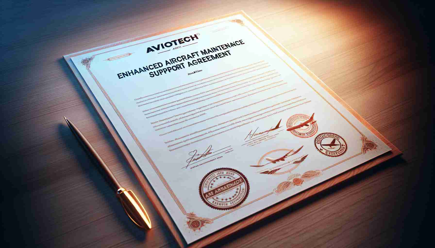 Generate a realistic HD picture of a signed agreement between two fictional companies, AvioTech and Asian Airlines. The agreement is titled 'Enhanced Aircraft Maintenance Support Agreement'. It is a formal and professional document with stamps of approval from both companies. The document should be resting on a wooden table, underneath a soft indoor light creating a warm ambiance.